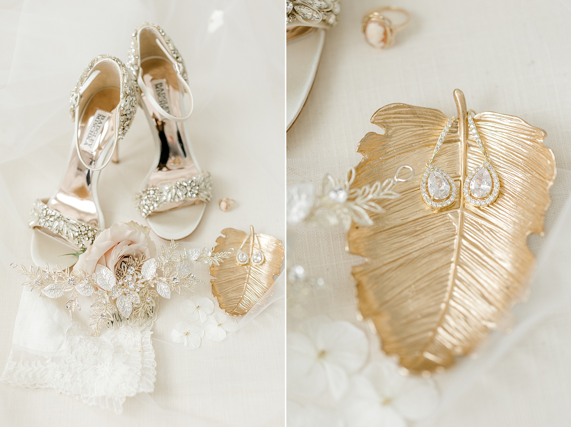 bride's jewelry rests on gold leaf before New Jersey wedding