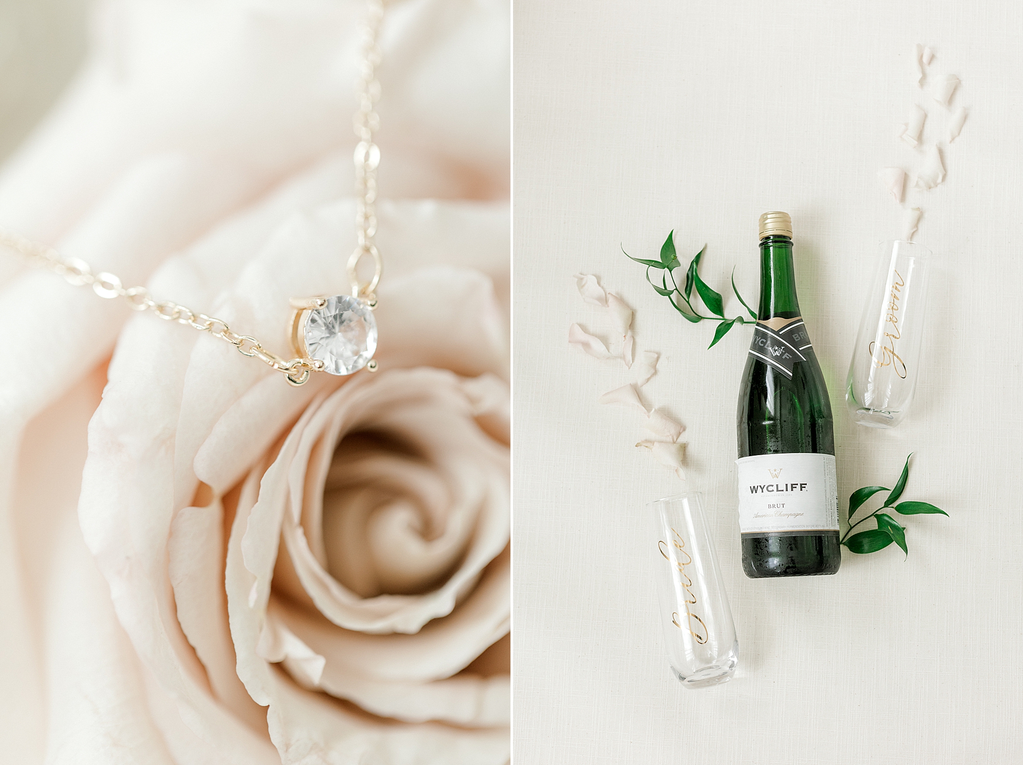 bottle of champagne and custom glasses with bride's necklace on dusty rose