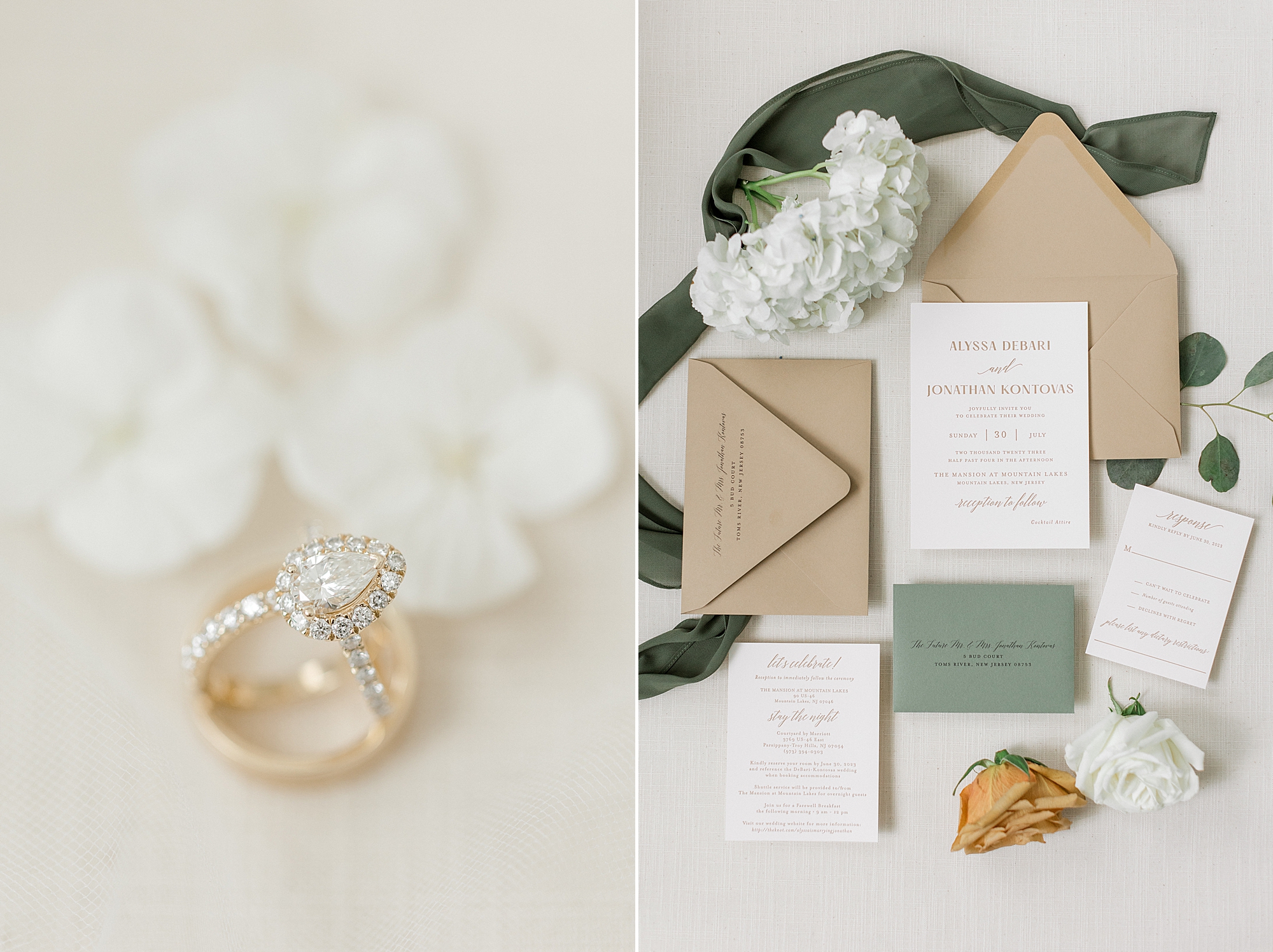 bride's rings stacked with invitation suite of tan and green