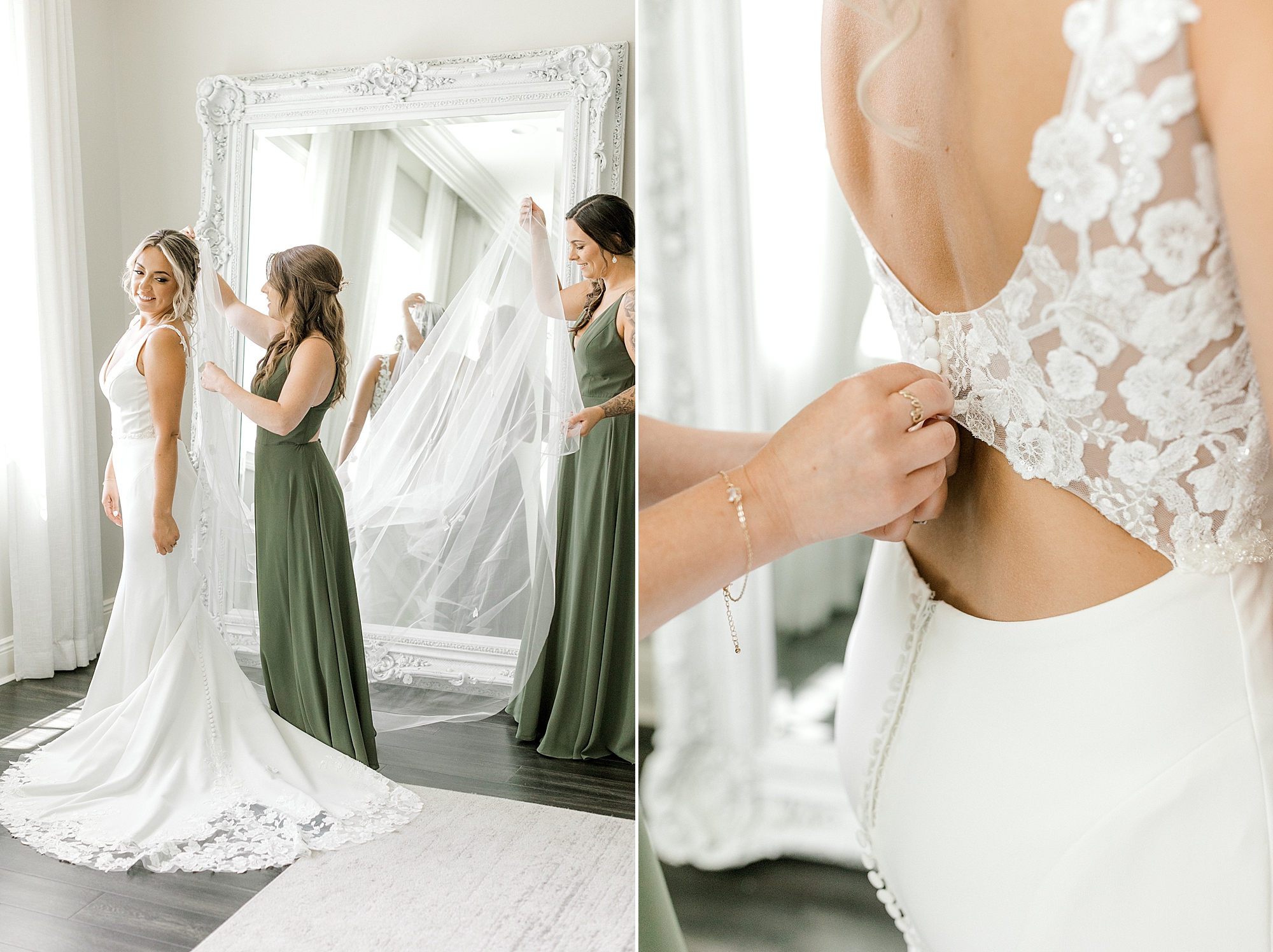 bridesmaids in green gowns help bride into wedding dress in front of mirror