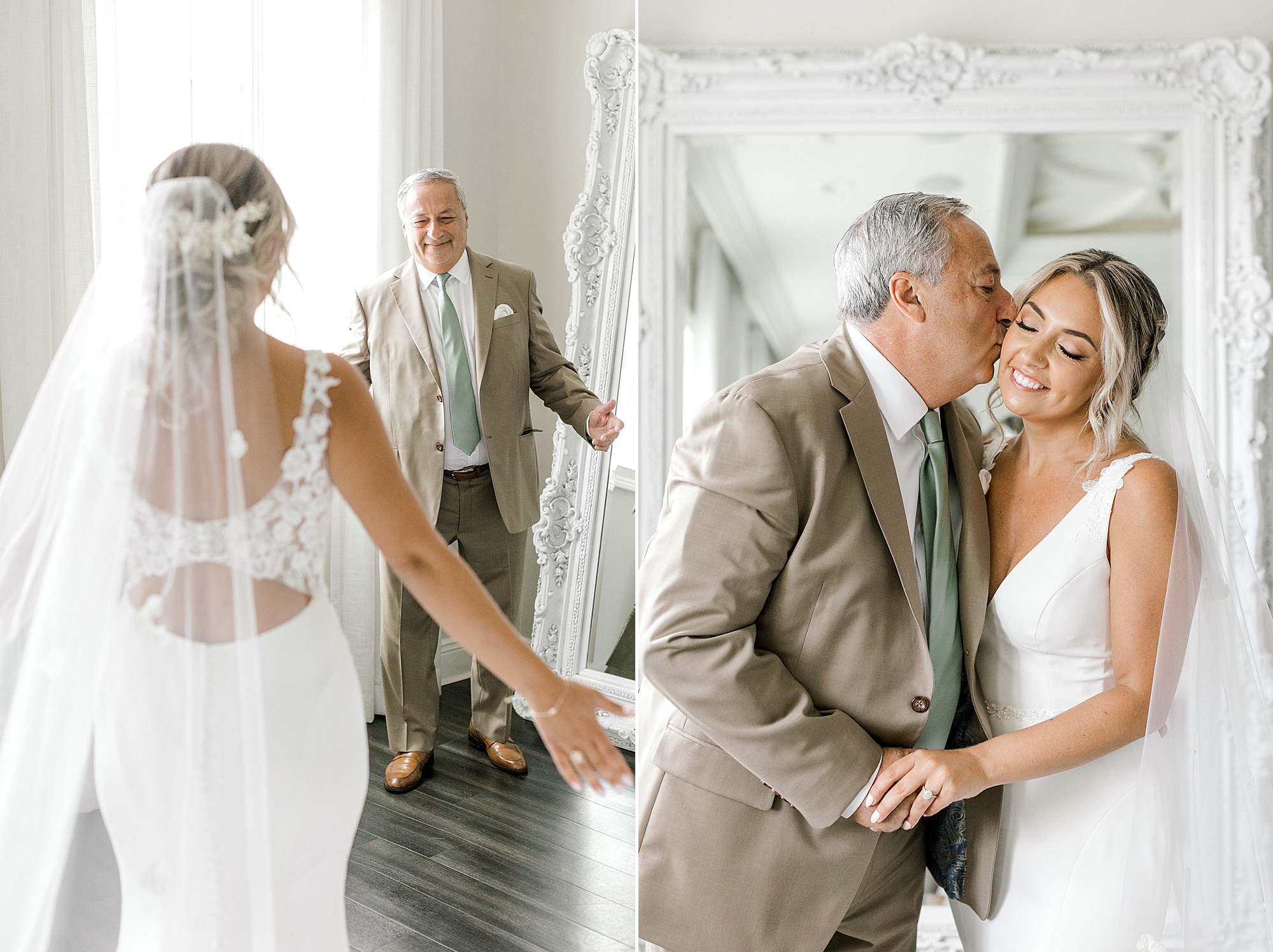 father of the bride smiles during first look and kisses bride's cheek