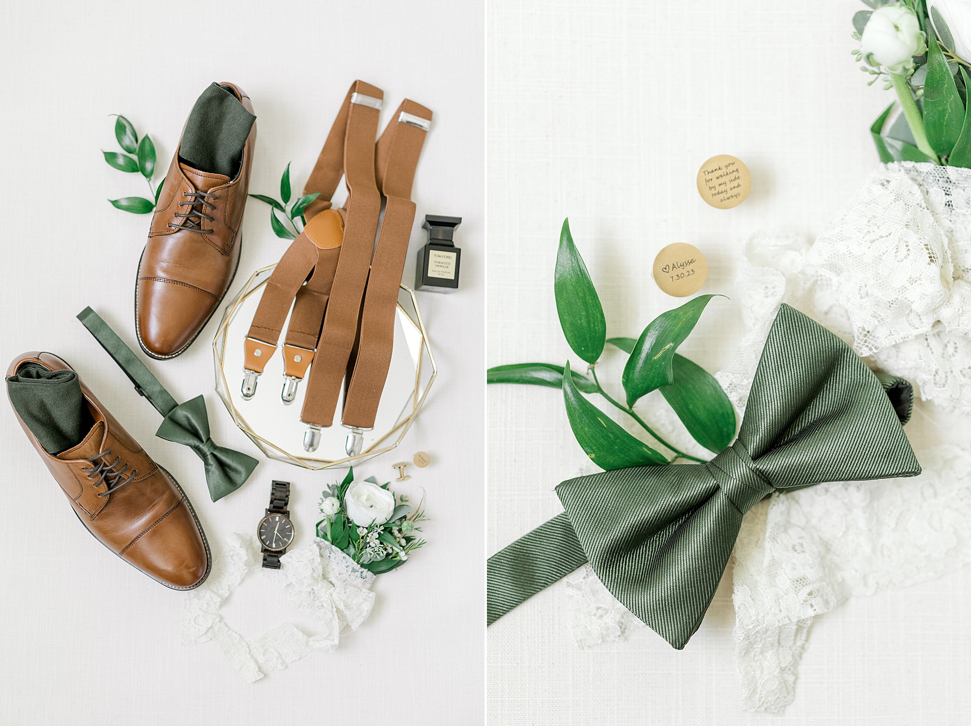 groom's tan and green details for summer wedding at the Mansion at Mountain Lakes