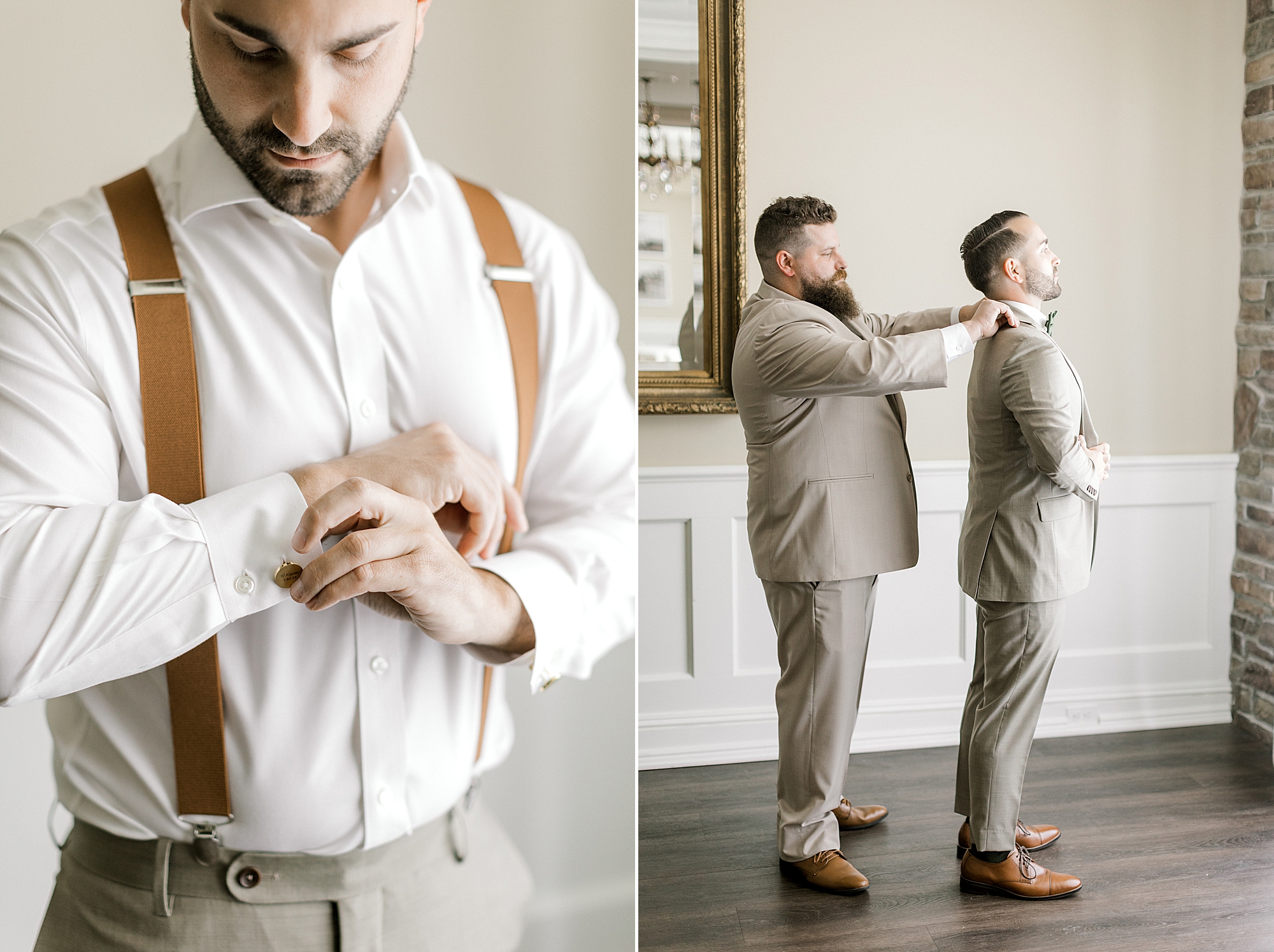groom in brown suspenders adjusts cufflinks