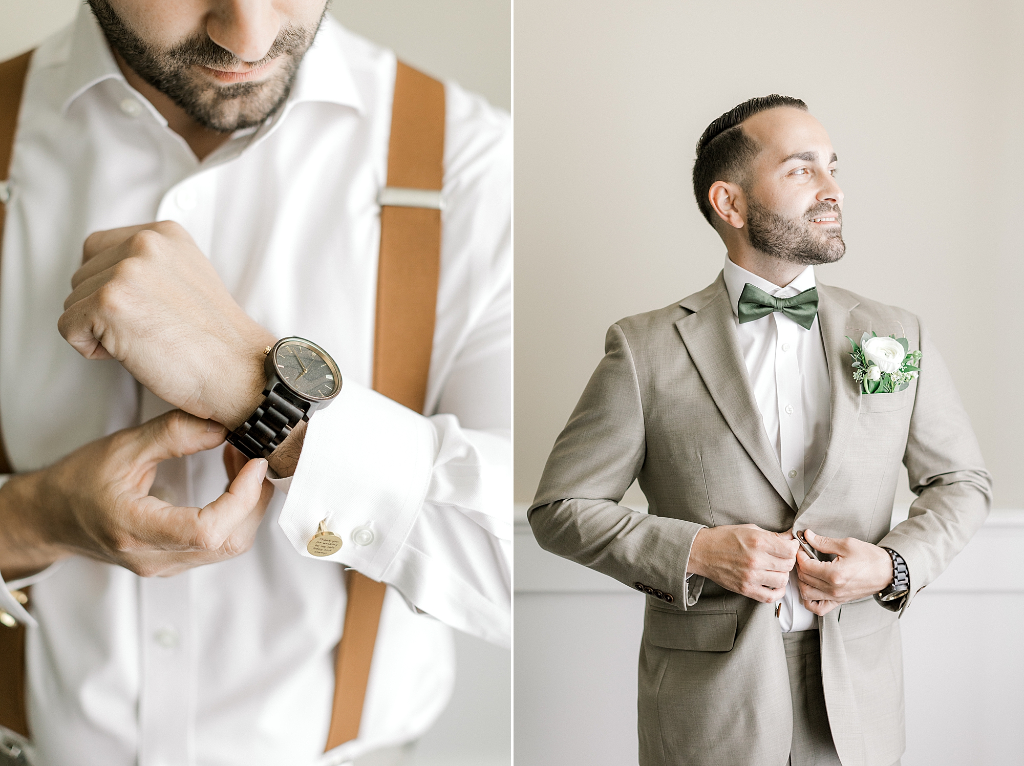 groom in tan suit adjusts buttons in suite at the Mansion at Mountain Lakes