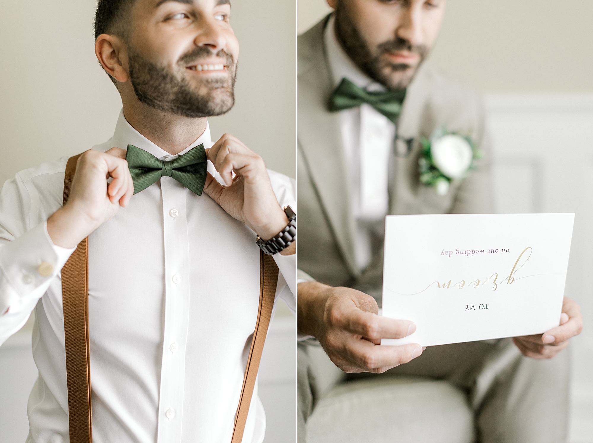 groom reads letter from bride on morning of wedding at the Mansion at Mountain Lakes