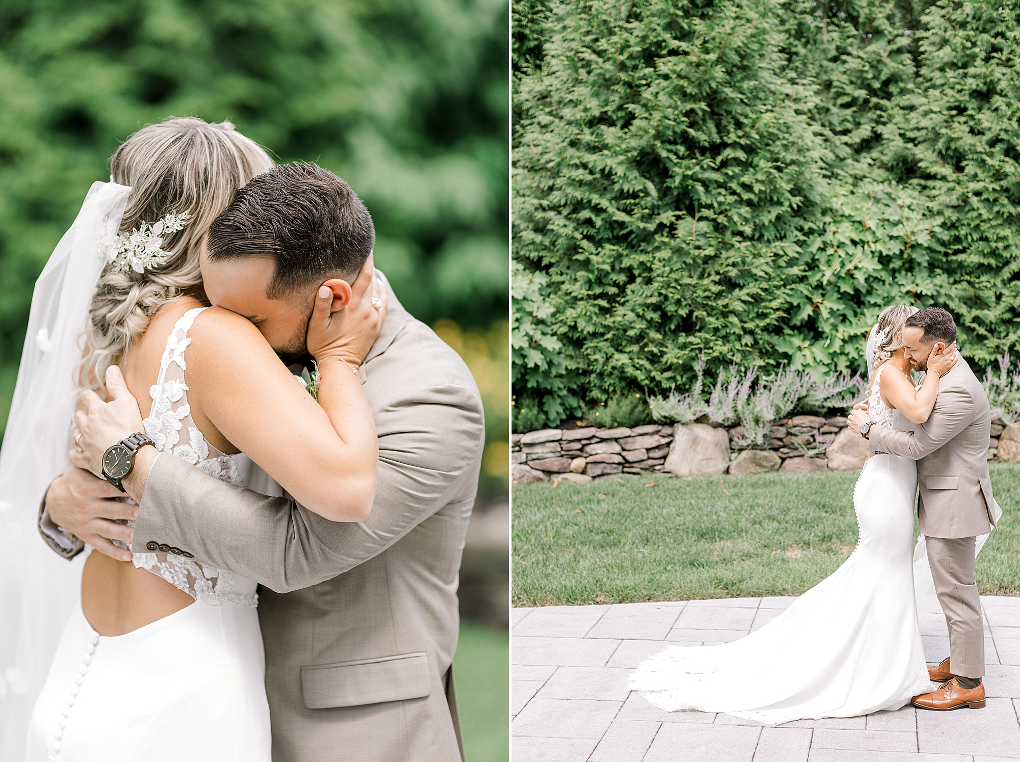 groom and bride hug while groom cries into bride's shoulder at the Mansion at Mountain Lakes