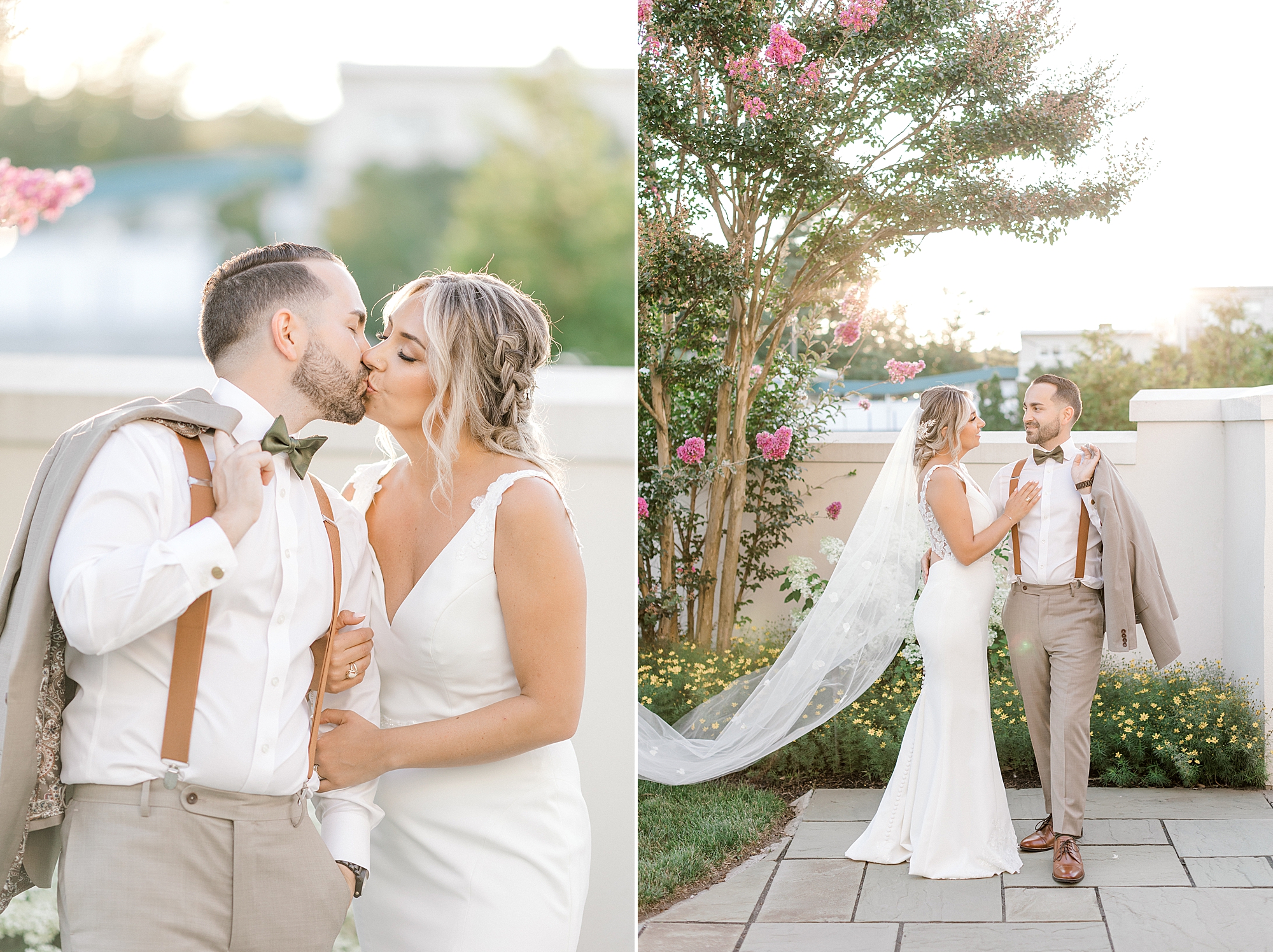 newlyweds kiss at sunset in gardens outside the Mansion at Mountain Lakes