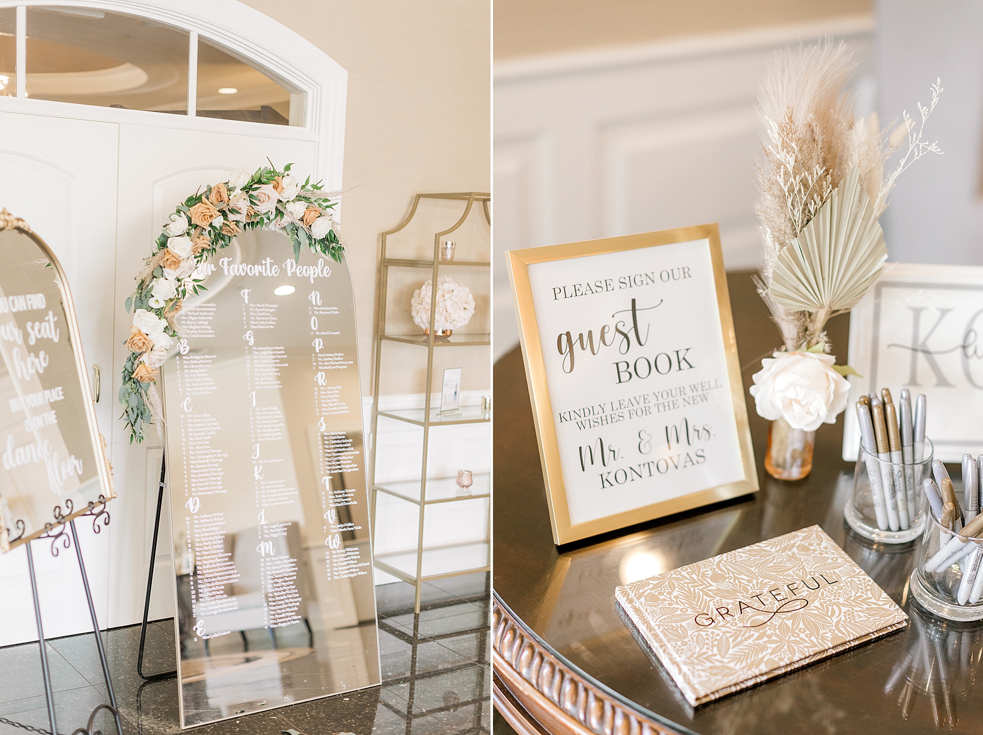 seating chart on mirror with gold frame and guest book for NJ wedding reception