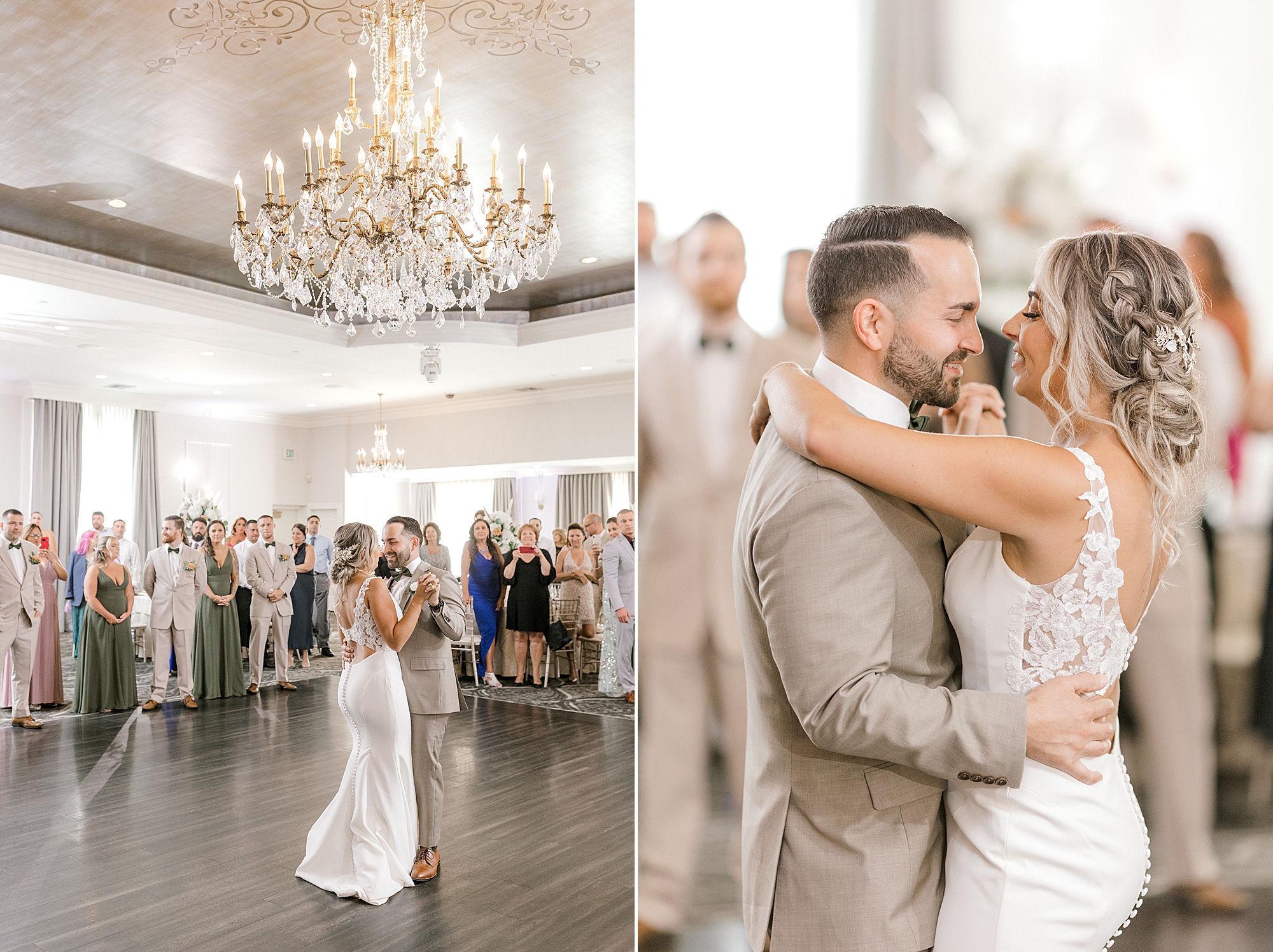 bride and groom hug close during first dance at Mountain Lakes NJ wedding reception