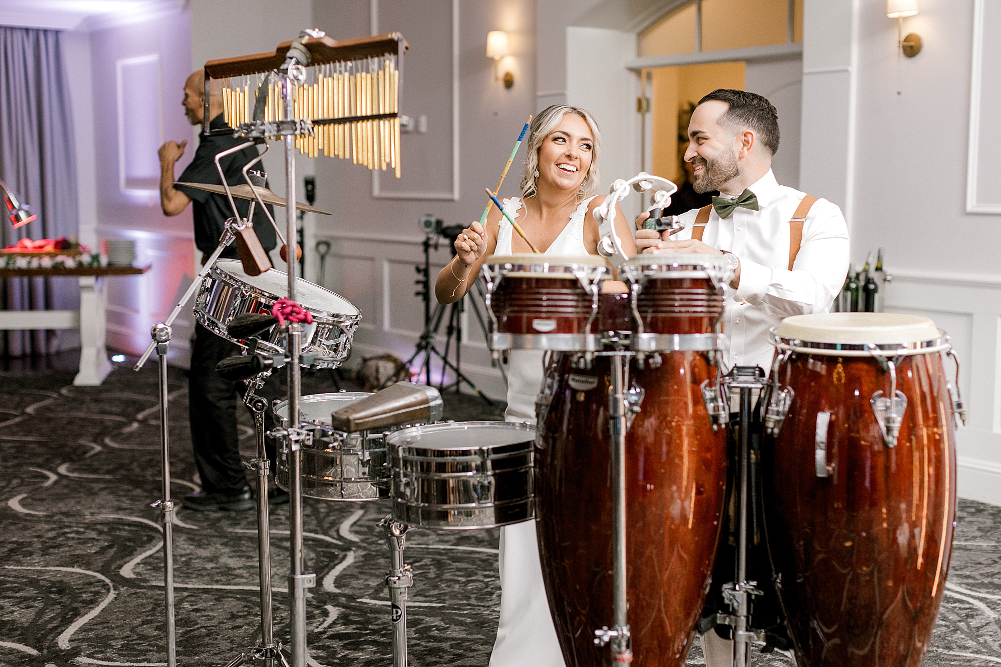 bride and groom use bongos during Mountain Lakes NJ wedding reception