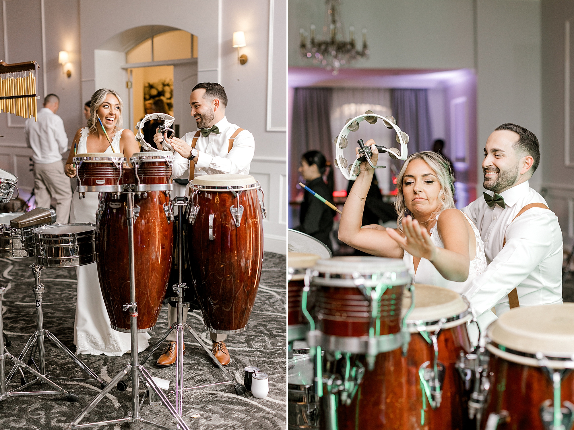 newlyweds play drums and tambourine during Mountain Lakes NJ wedding reception