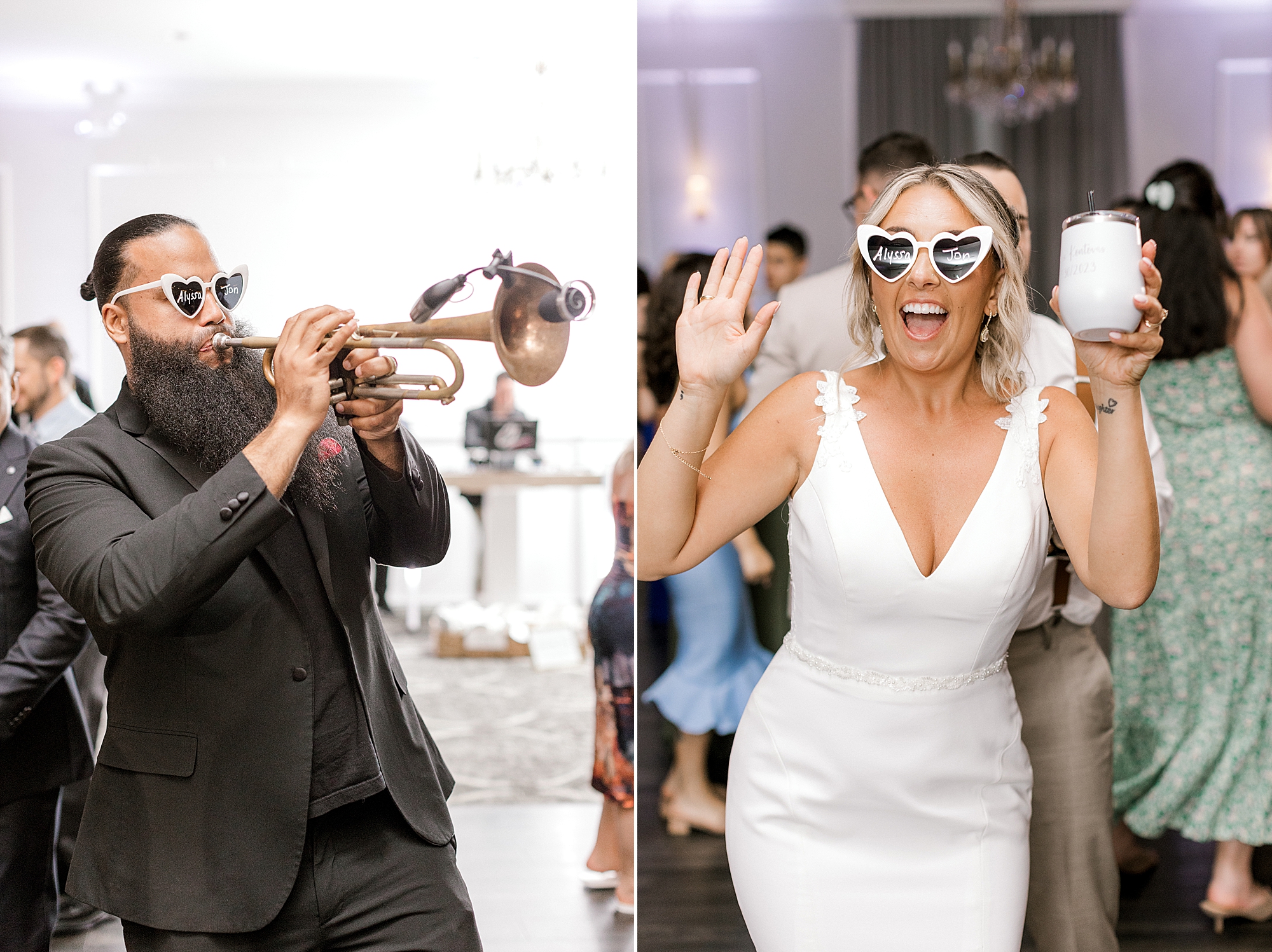 bride dances in heart glasses wile trumpet player wears white heart glasses