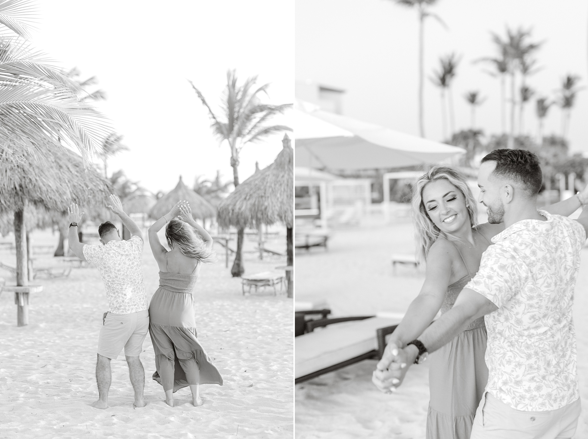 couple dances on beach in Aruba near bungalows