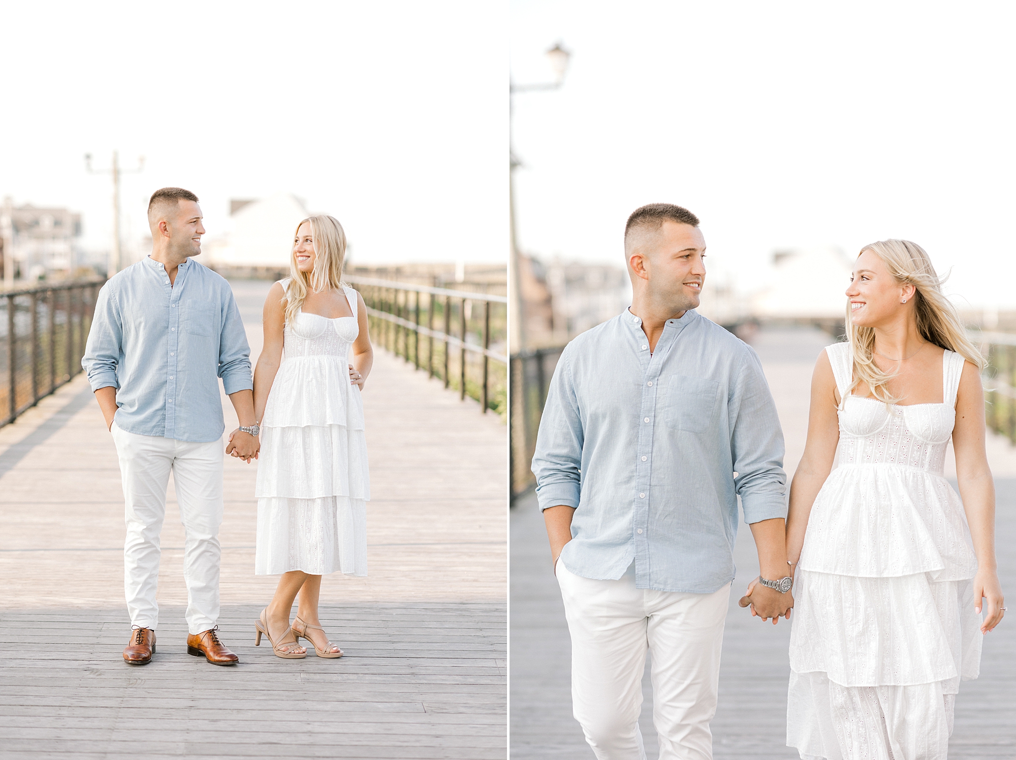 engaged couple holds hands walking down dock on engagement session in Lavallette, NJ