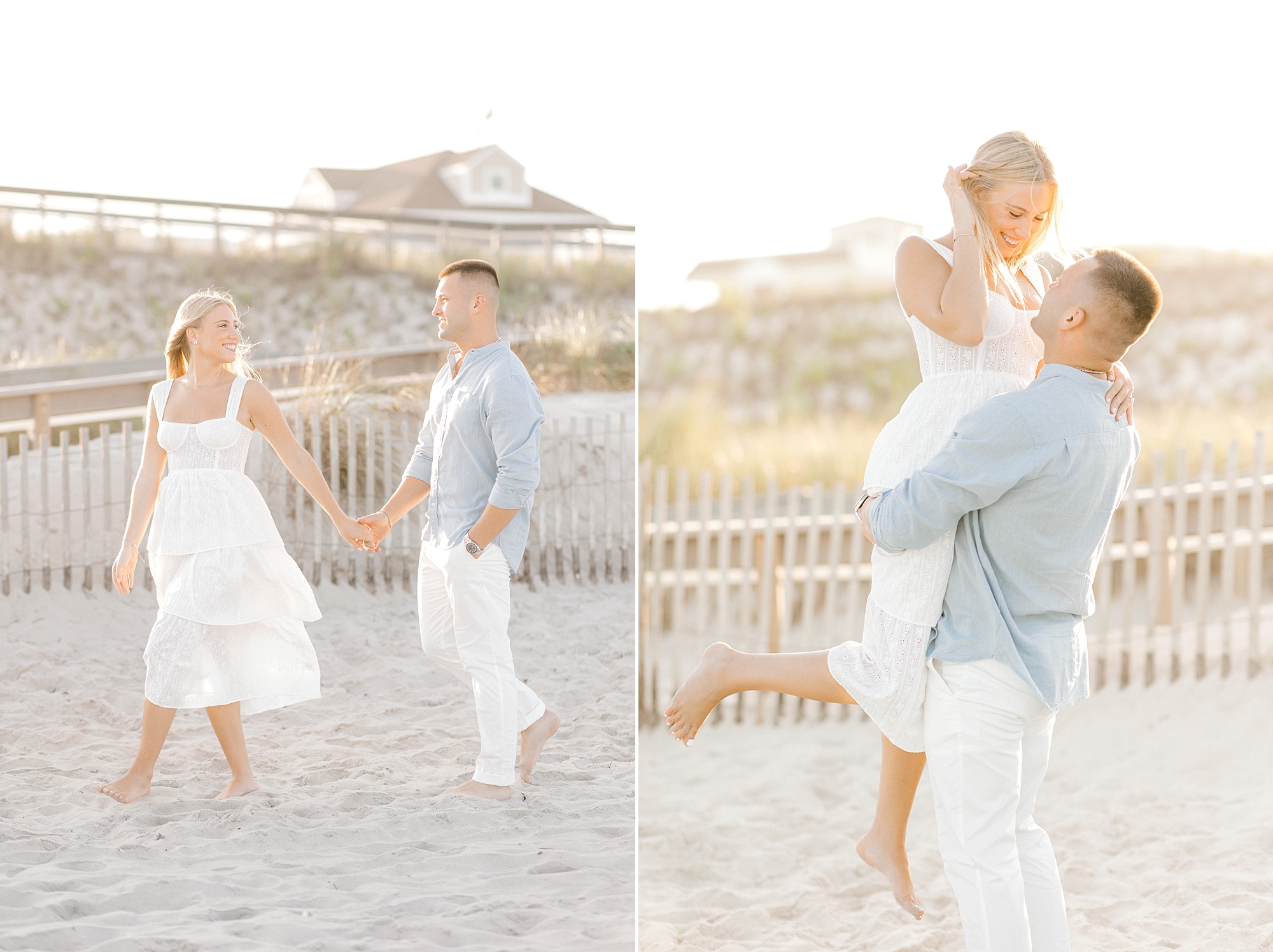 man in blue shirt lifts up woman in white summer dress on beach