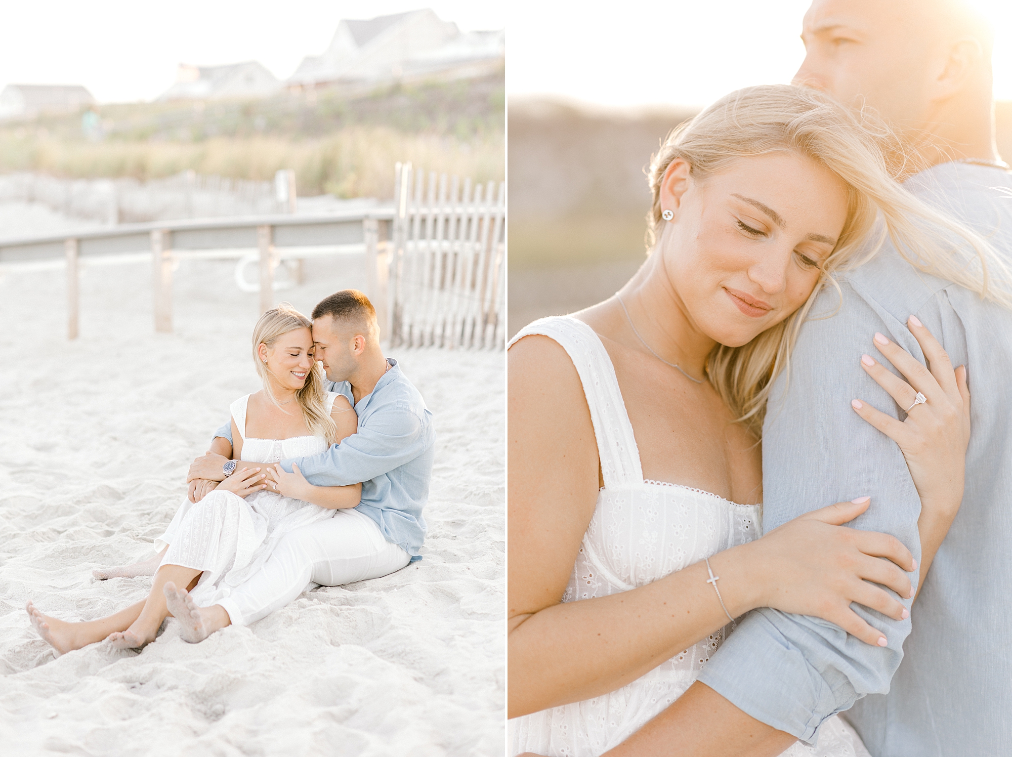 engaged couple hugs and snuggles on dune during beach engagement session in Lavallette, NJ