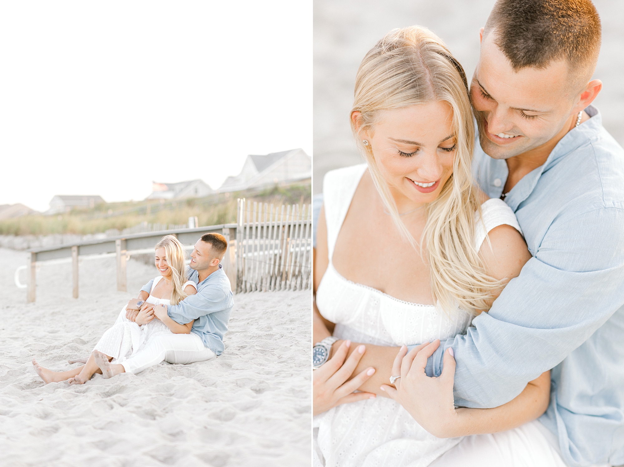 couple hugs on beach snuggling during engagement session in Lavallette, NJ