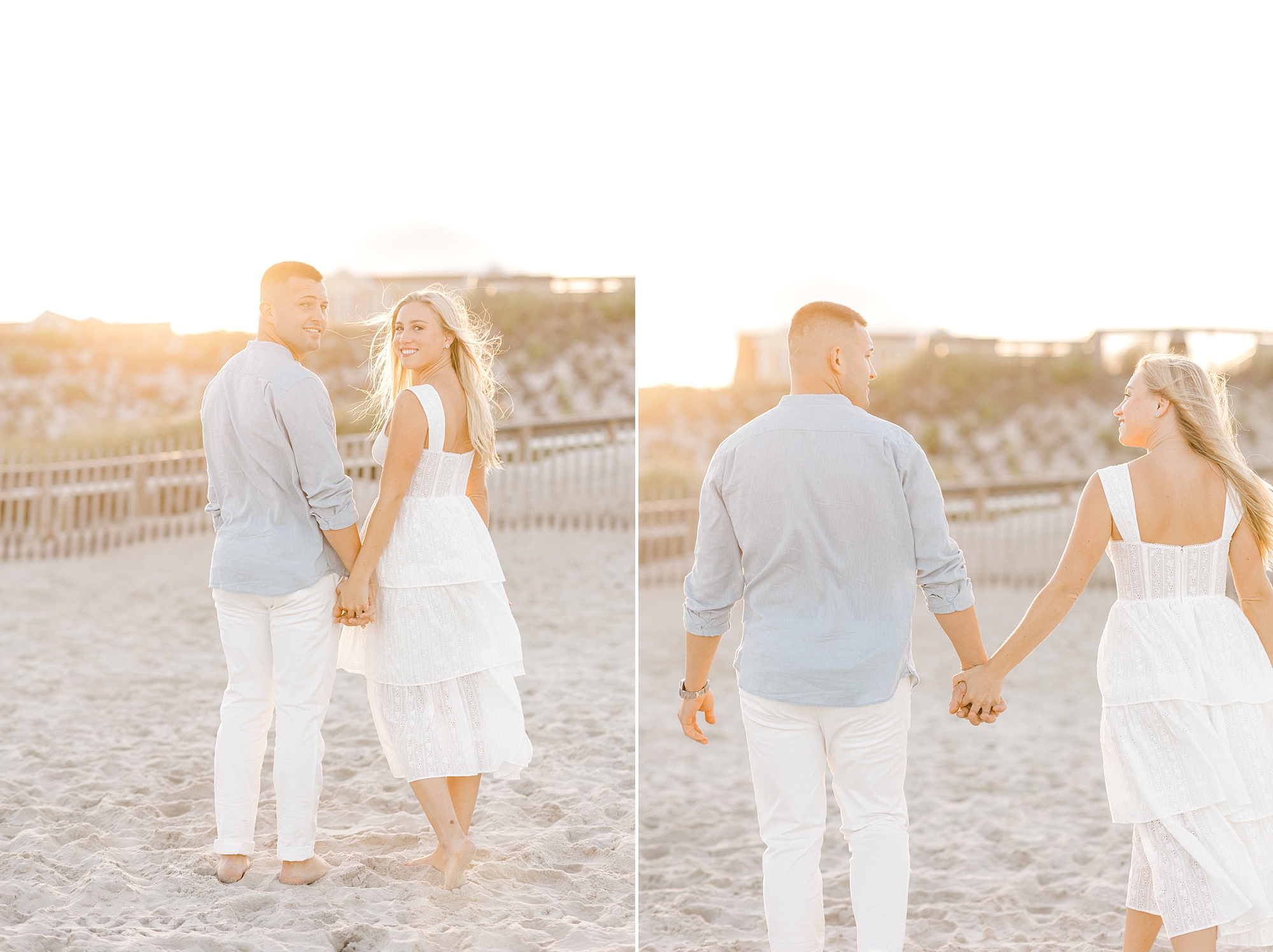 engaged couple holds hands walking on sand during sunset engagement session in Lavallette, NJ
