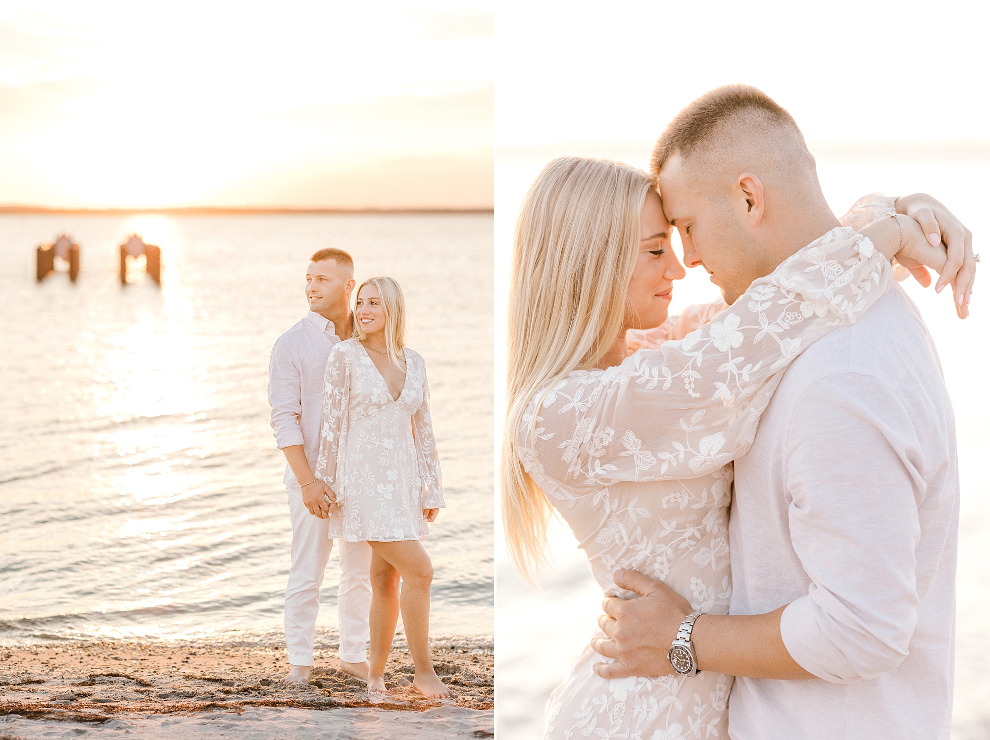 engaged couple hugs at sunset on bay during engagement session in Lavallette, NJ