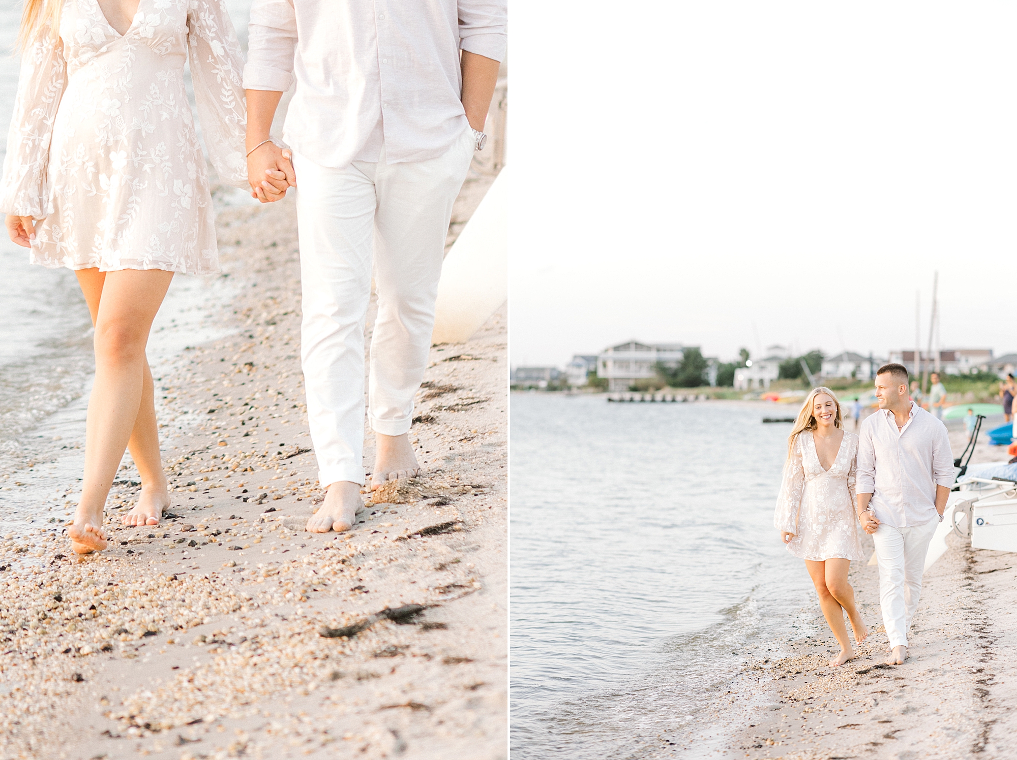 couple walks along bay during engagement session in Lavallette, NJ
