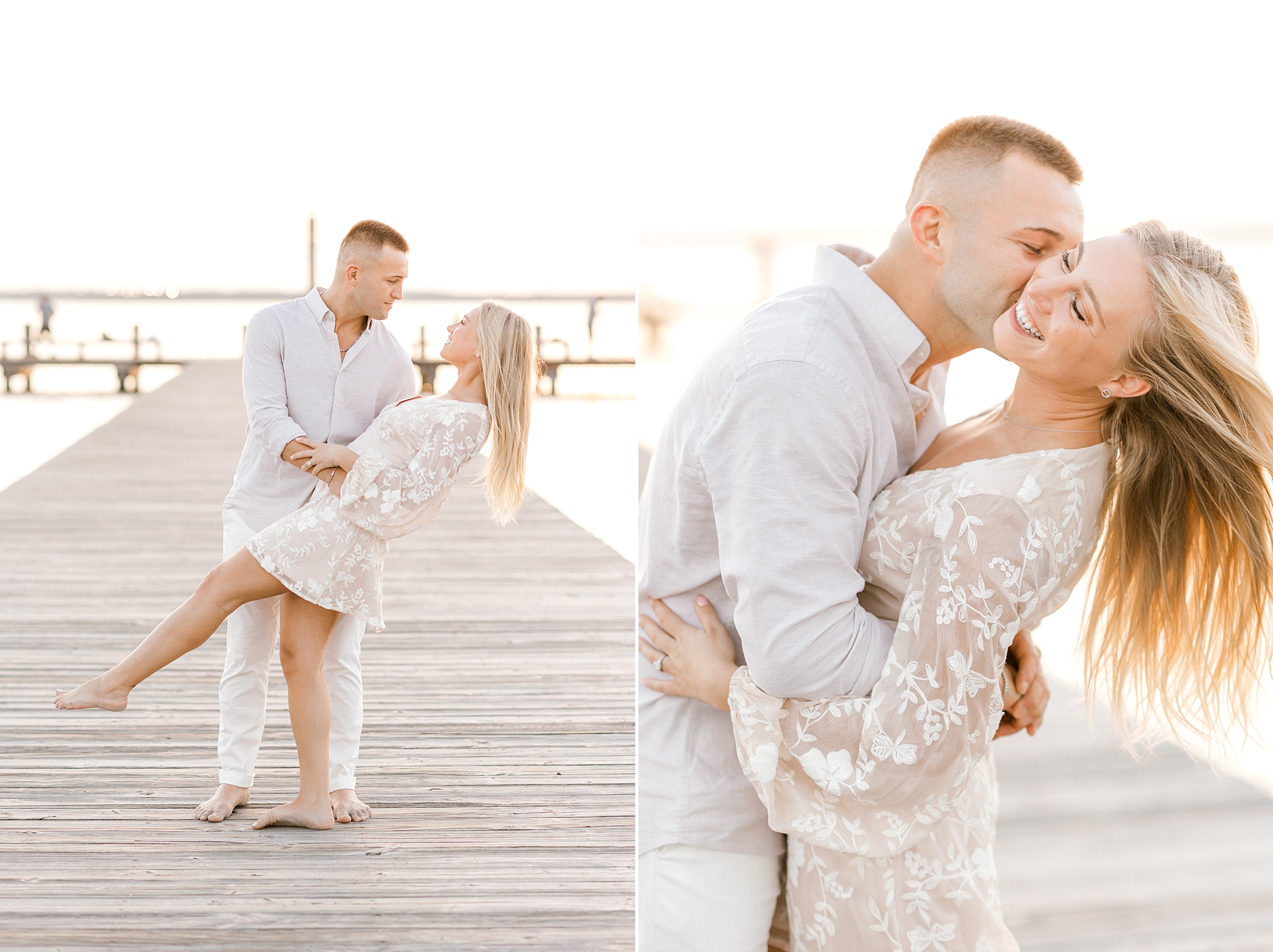 man dips bride while her hair blows in the wind walking on wooden dock