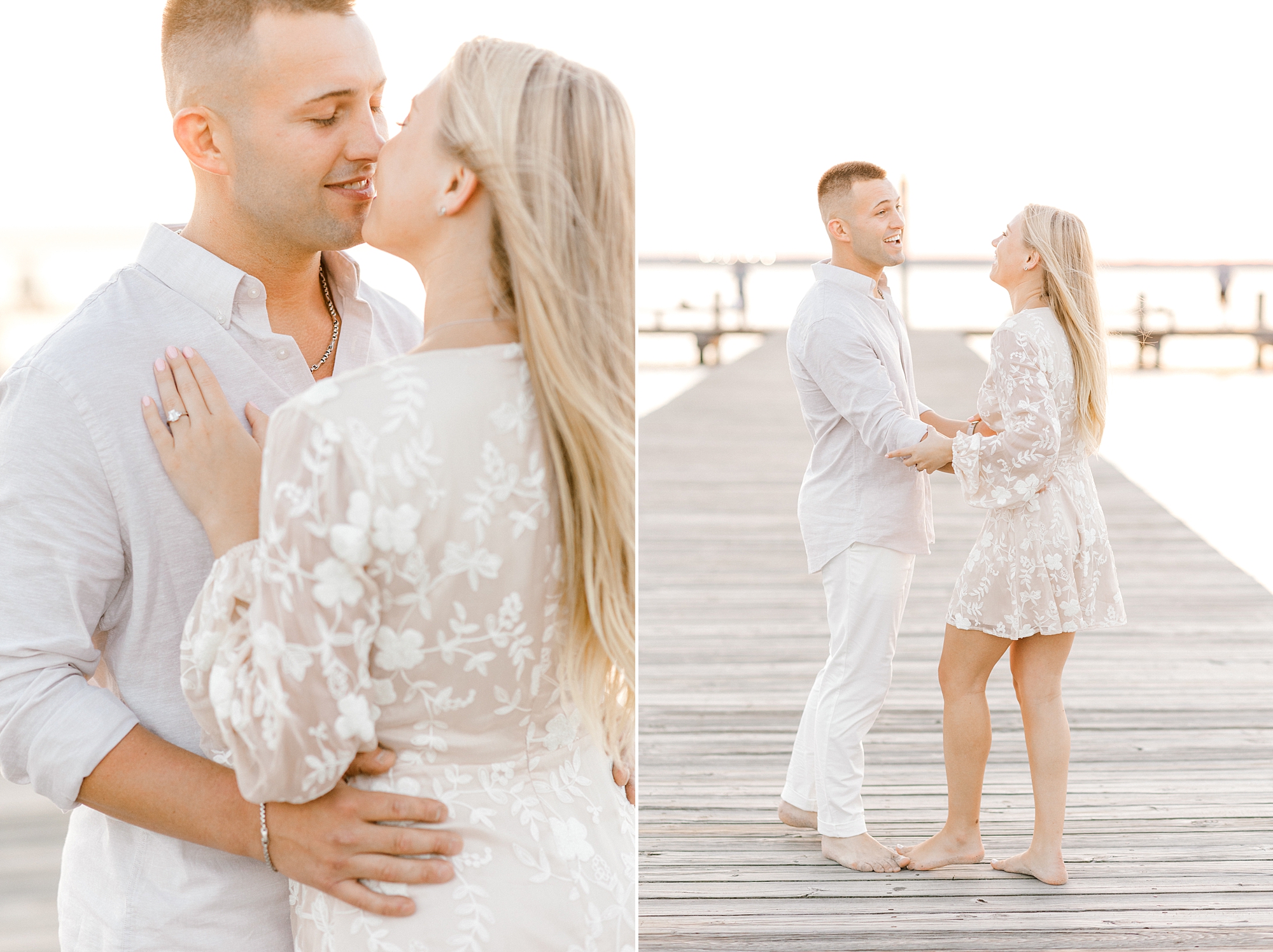 blonde woman in lace dress leans up to kiss man during engagement session in Lavallette, NJ