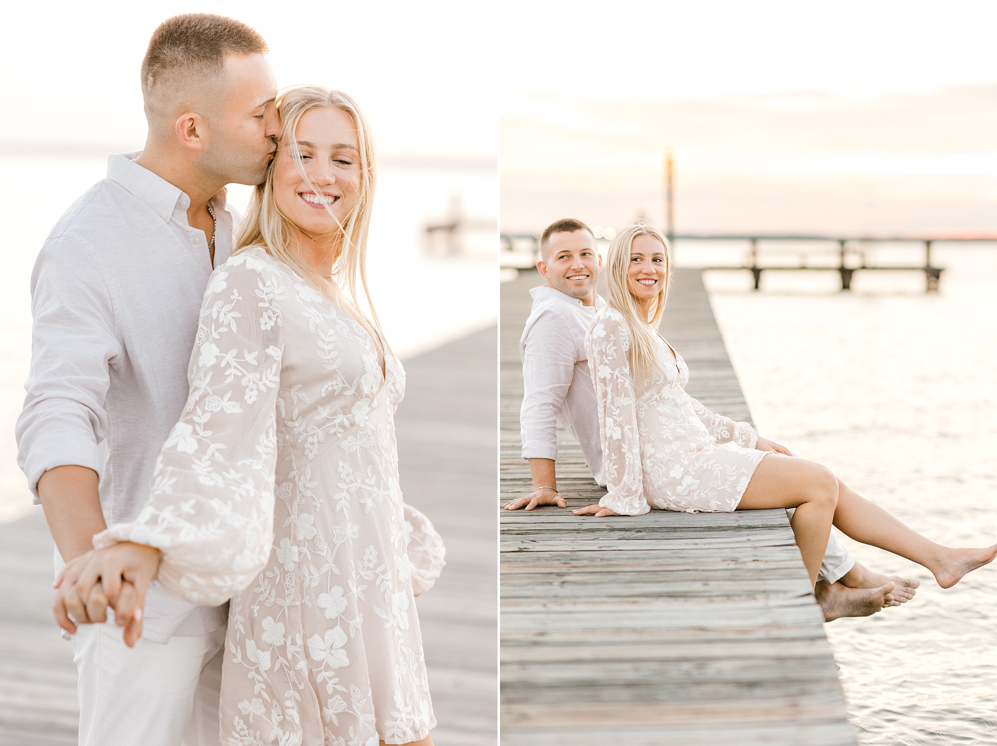 engaged couple hugs on wooden dock at sunset during engagement session in Lavallette, NJ along the bay