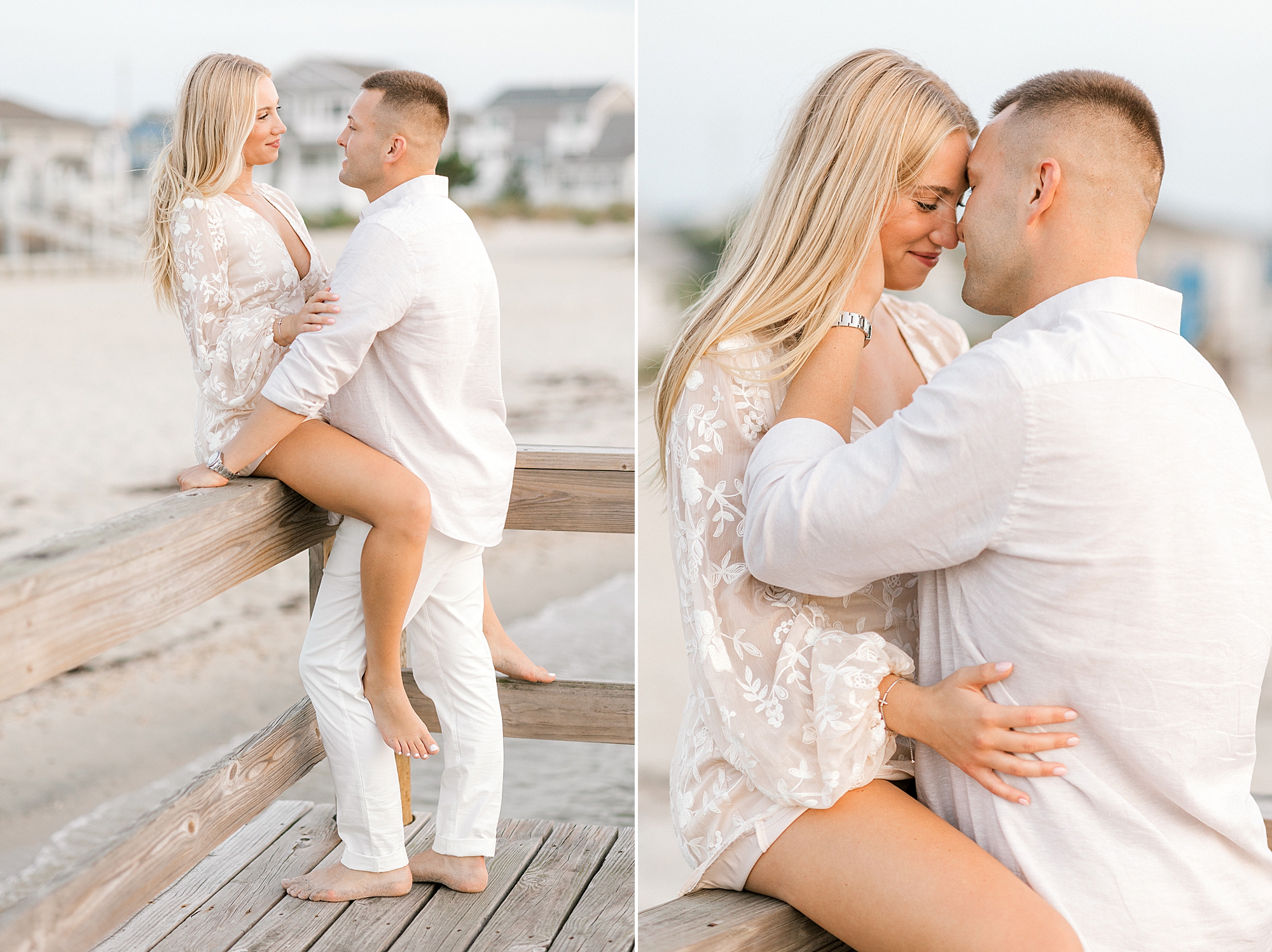 man kisses blonde woman on wooden railing of dock in Lavallette NJ