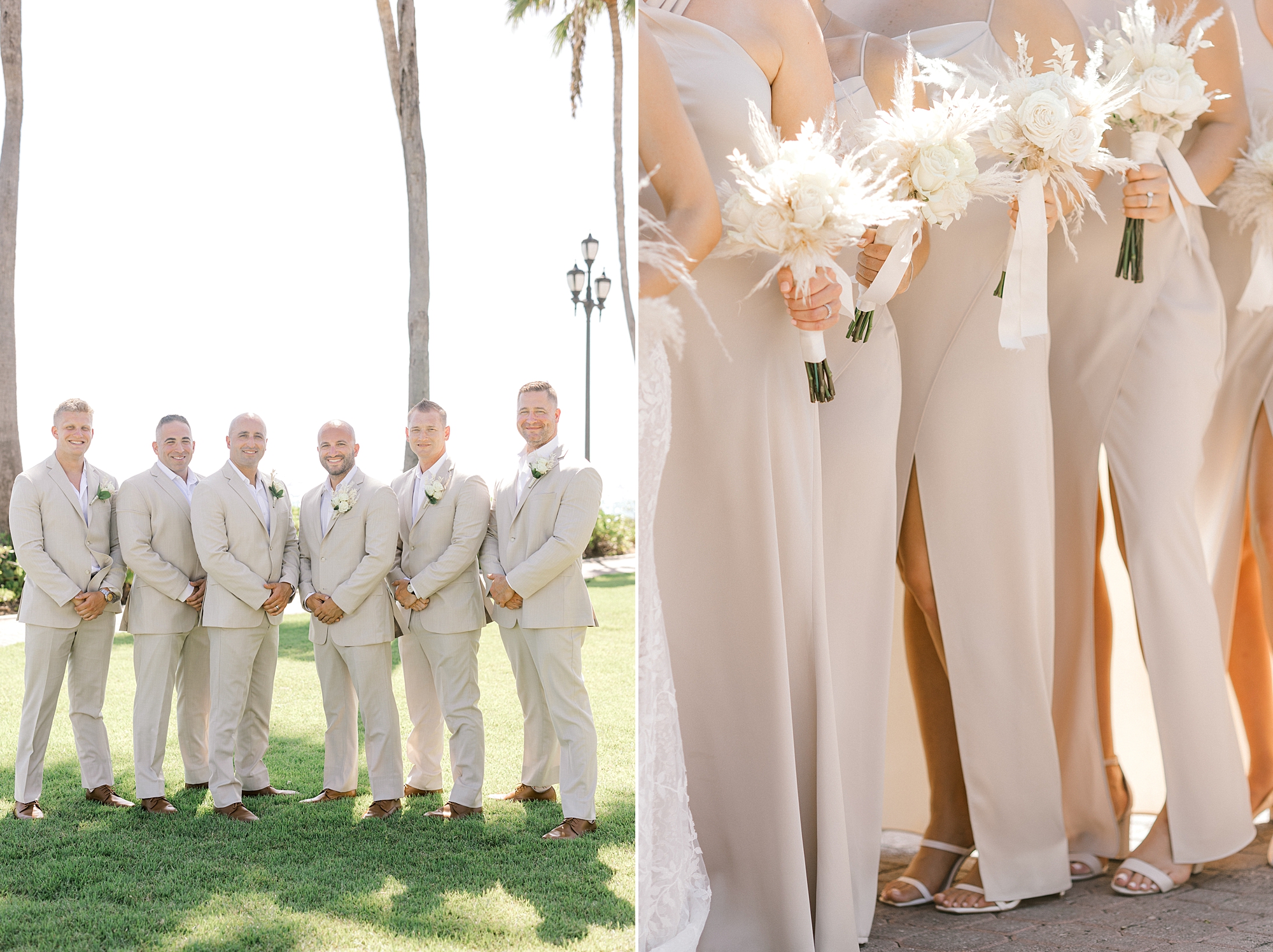 bride holds bouquet of ivory flowers and groom and groomsmen in tan suits walk in Aruba