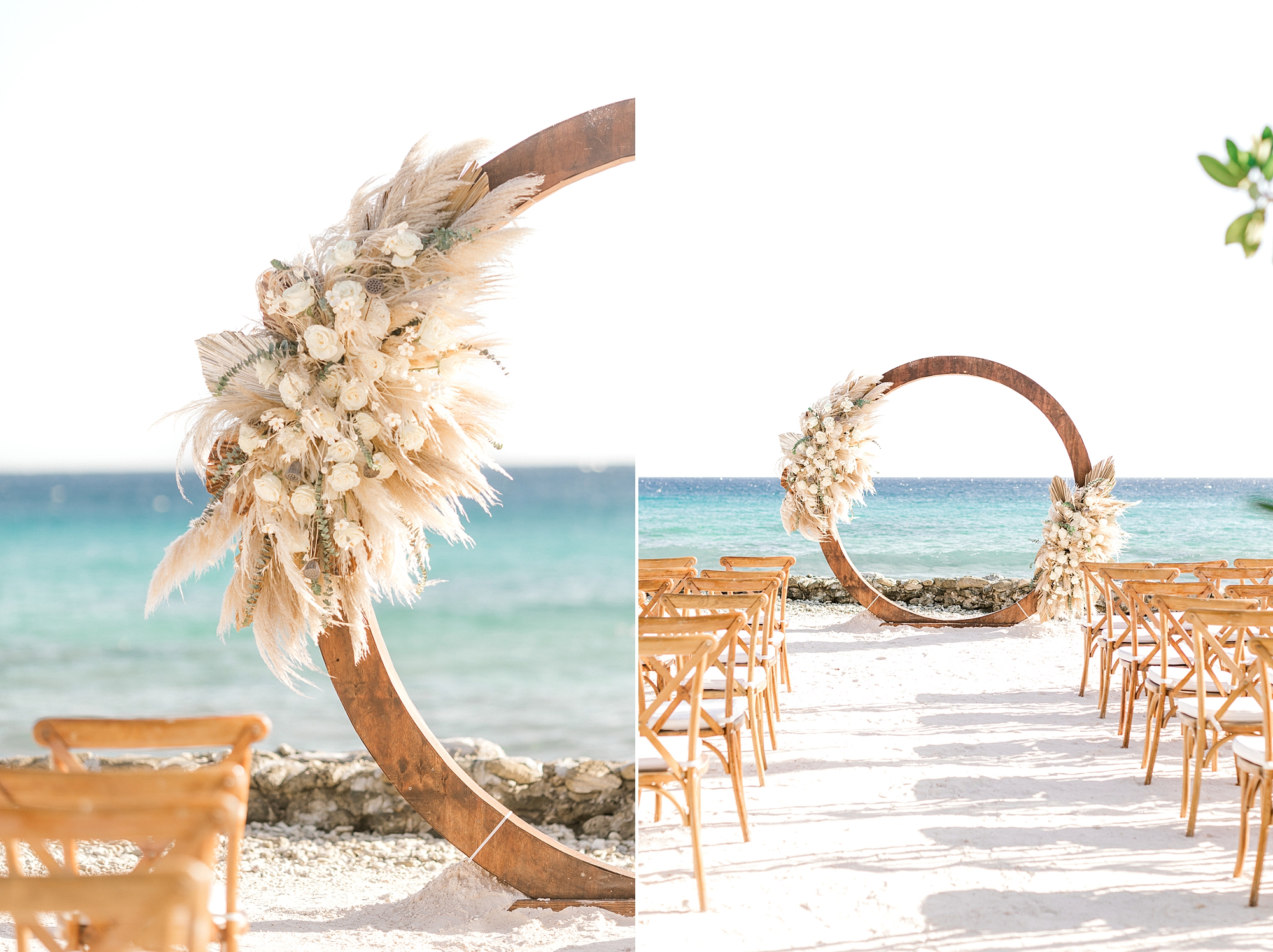 ceremony site on Flamingo Island with circular arch decorated in ivory and tan flowers