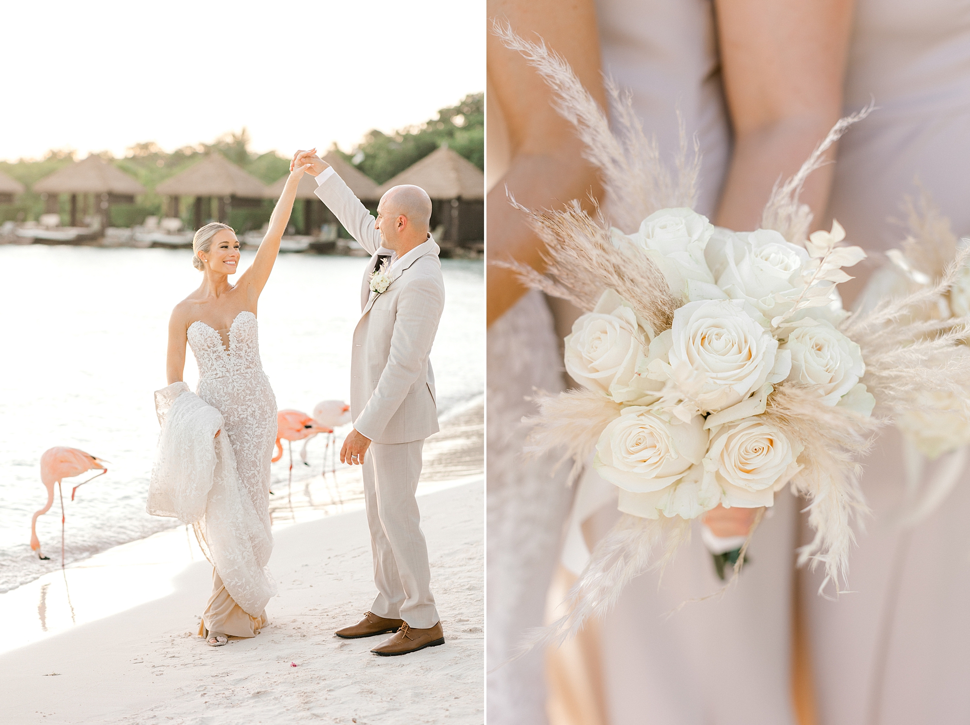 bride and groom twirl on beach on Flamingo Island
