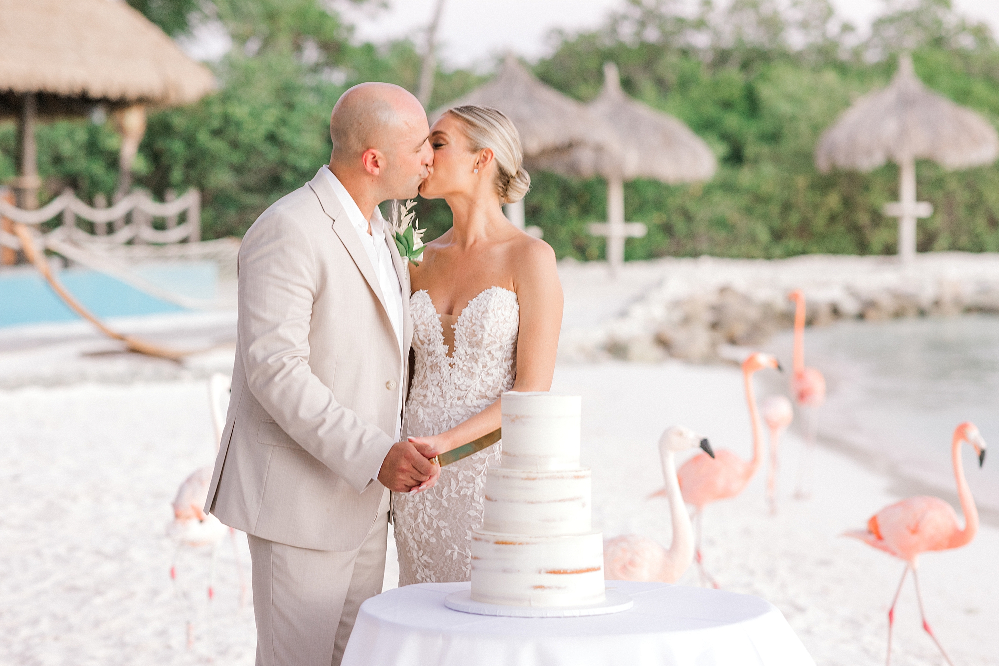 bride and groom kiss by tiered wedding cake on beach with flamingos behind them