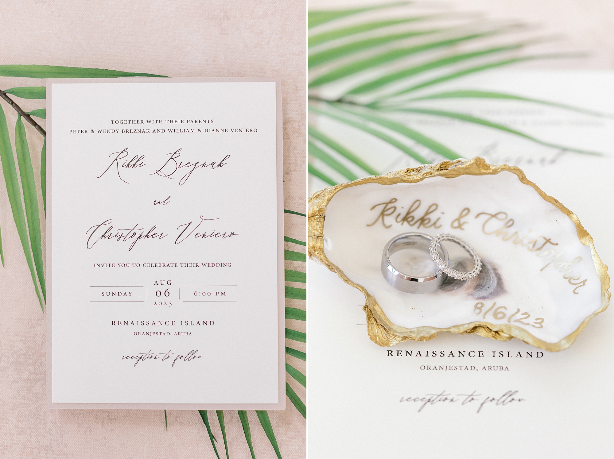wedding rings rest in oyster shell on palm tree leaves