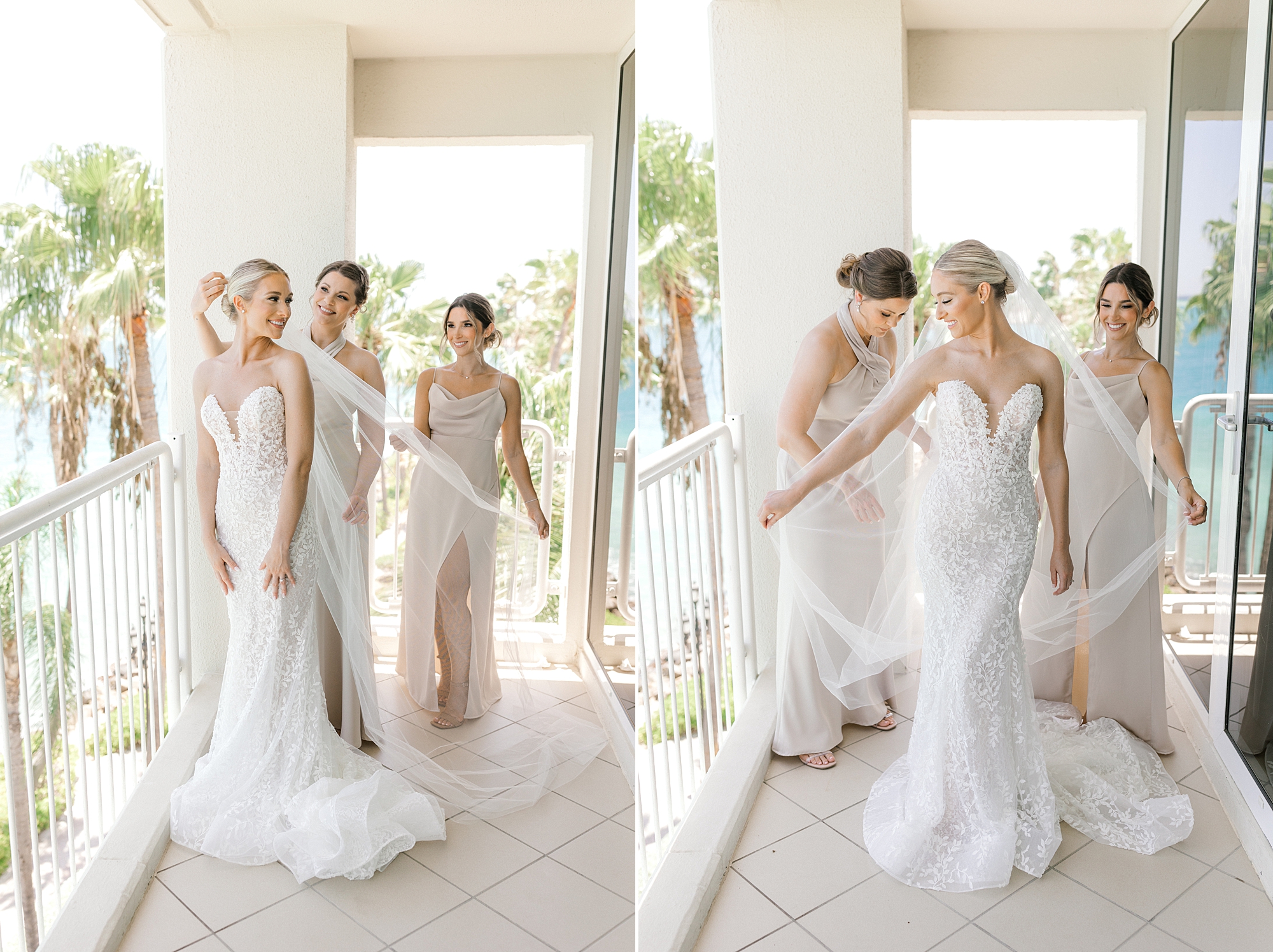 bridesmaids in tan gowns help bride prepare for tropical wedding in Aruba