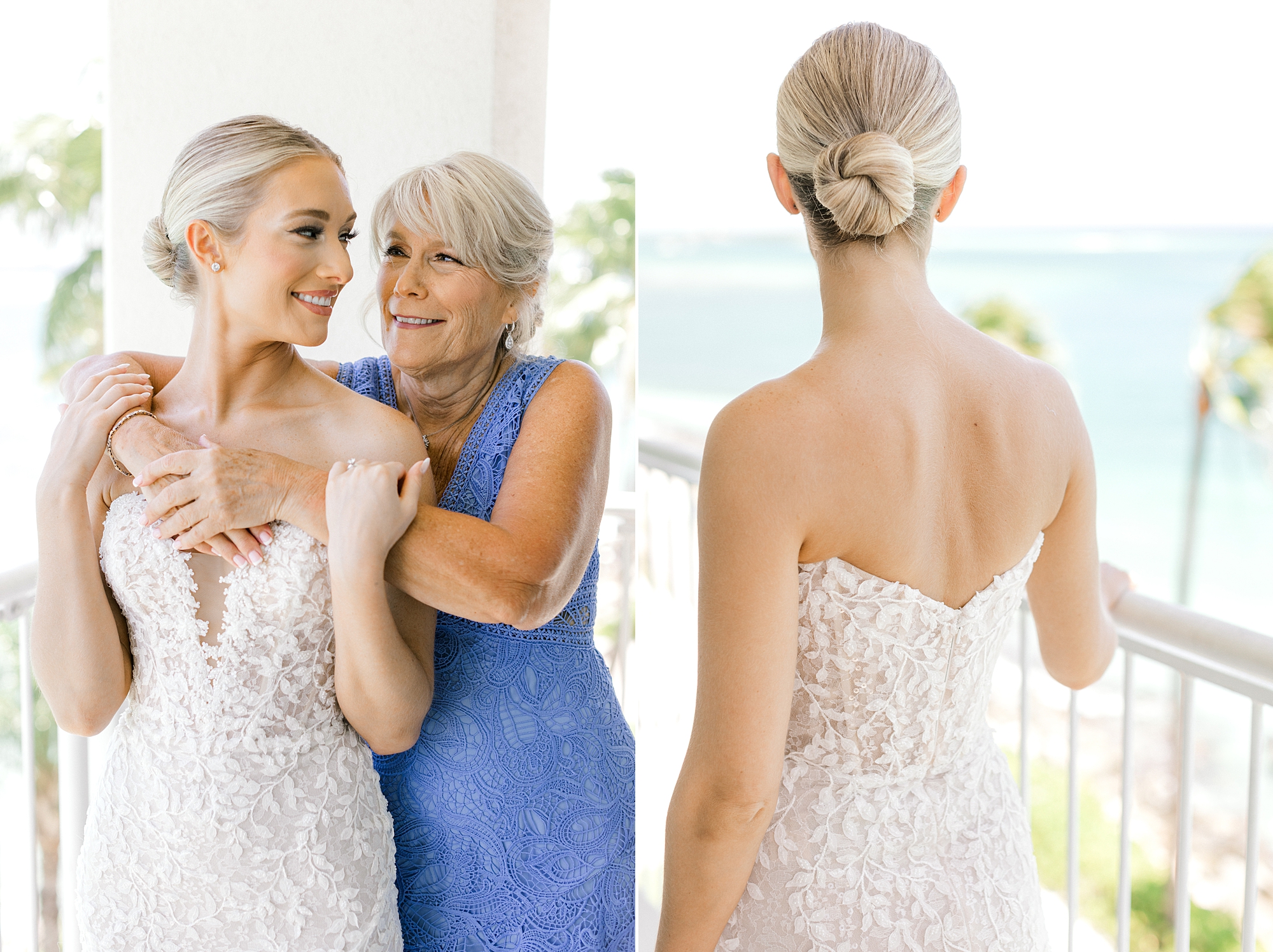 mother in blue dress helps bride prepare for wedding in Aruba