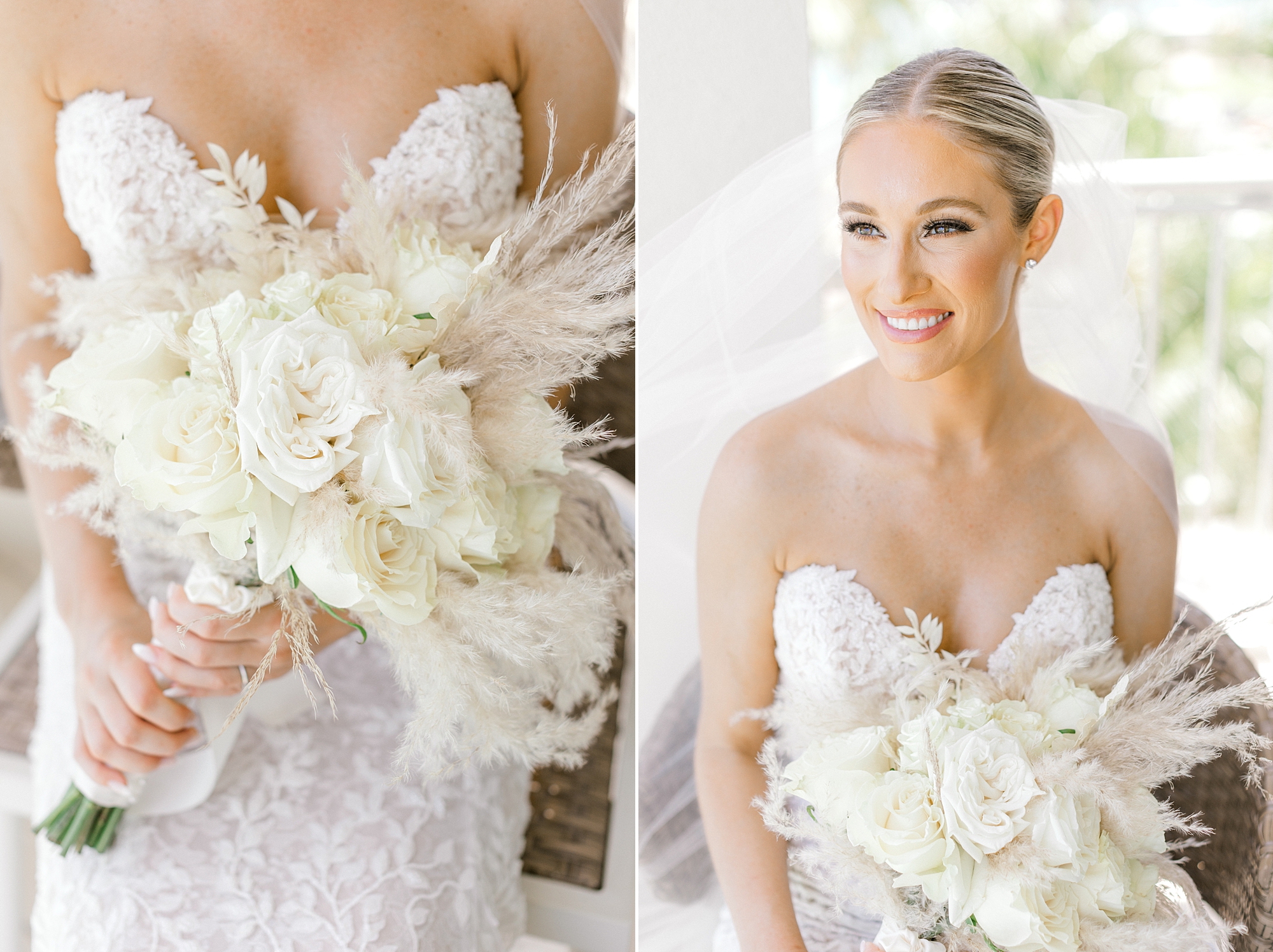 bride smiles in strapless gown with hair in bun holding ivory and tan bouquet