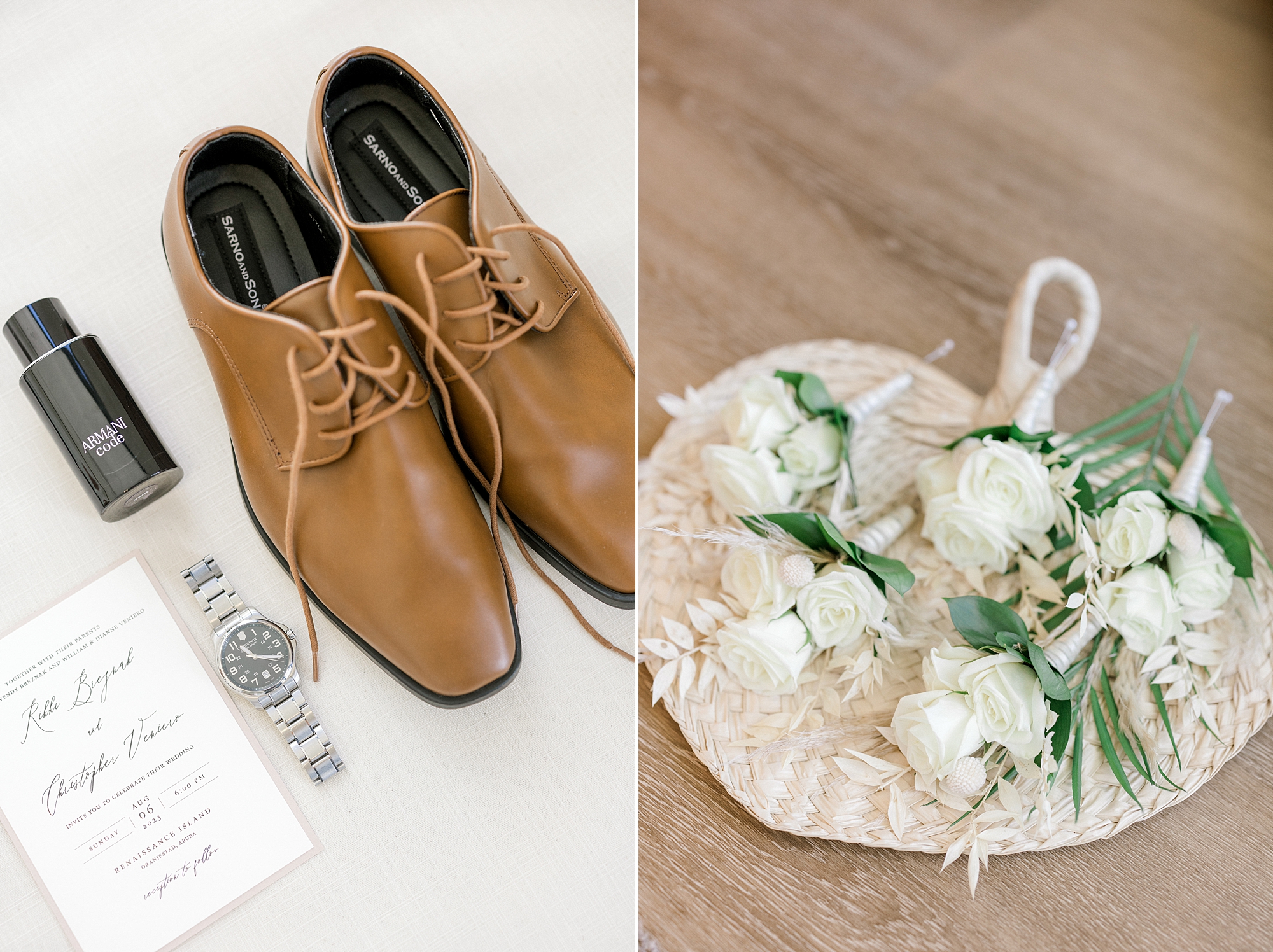 groom's shoes and boutineeres on raffia fan for tropical wedding