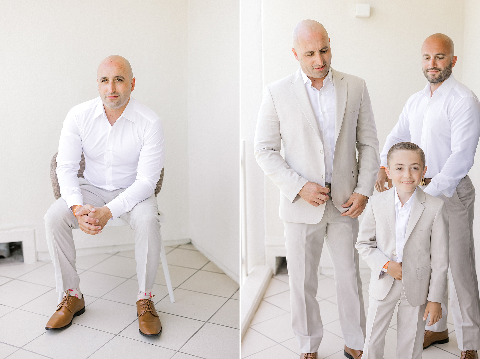 groom stands on balcony with son and best man