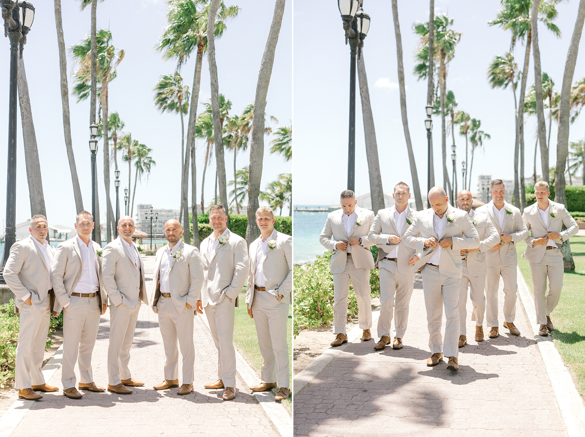 groom walks with groomsmen in tan suits by the Renaissance Aruba hotel