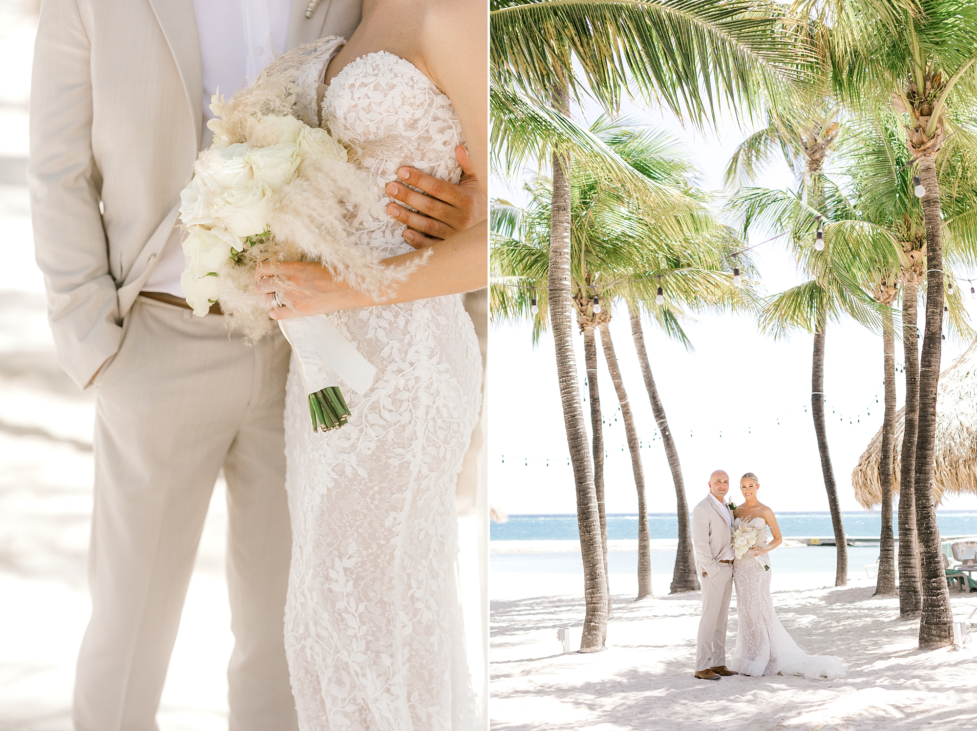 bride and groom hug under palm trees during destination wedding day