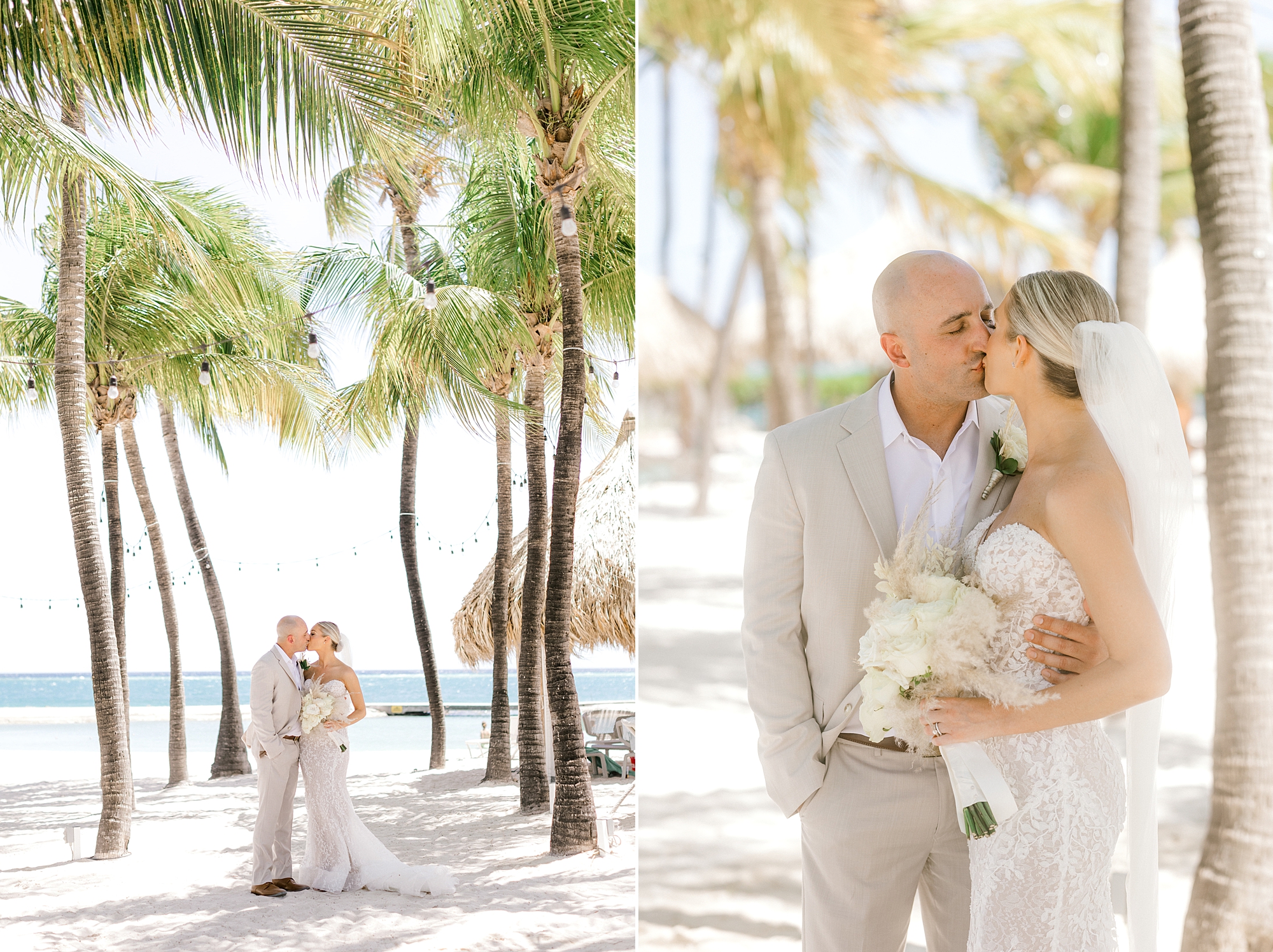 bride and groom kiss under palm trees during Aruba wedding day