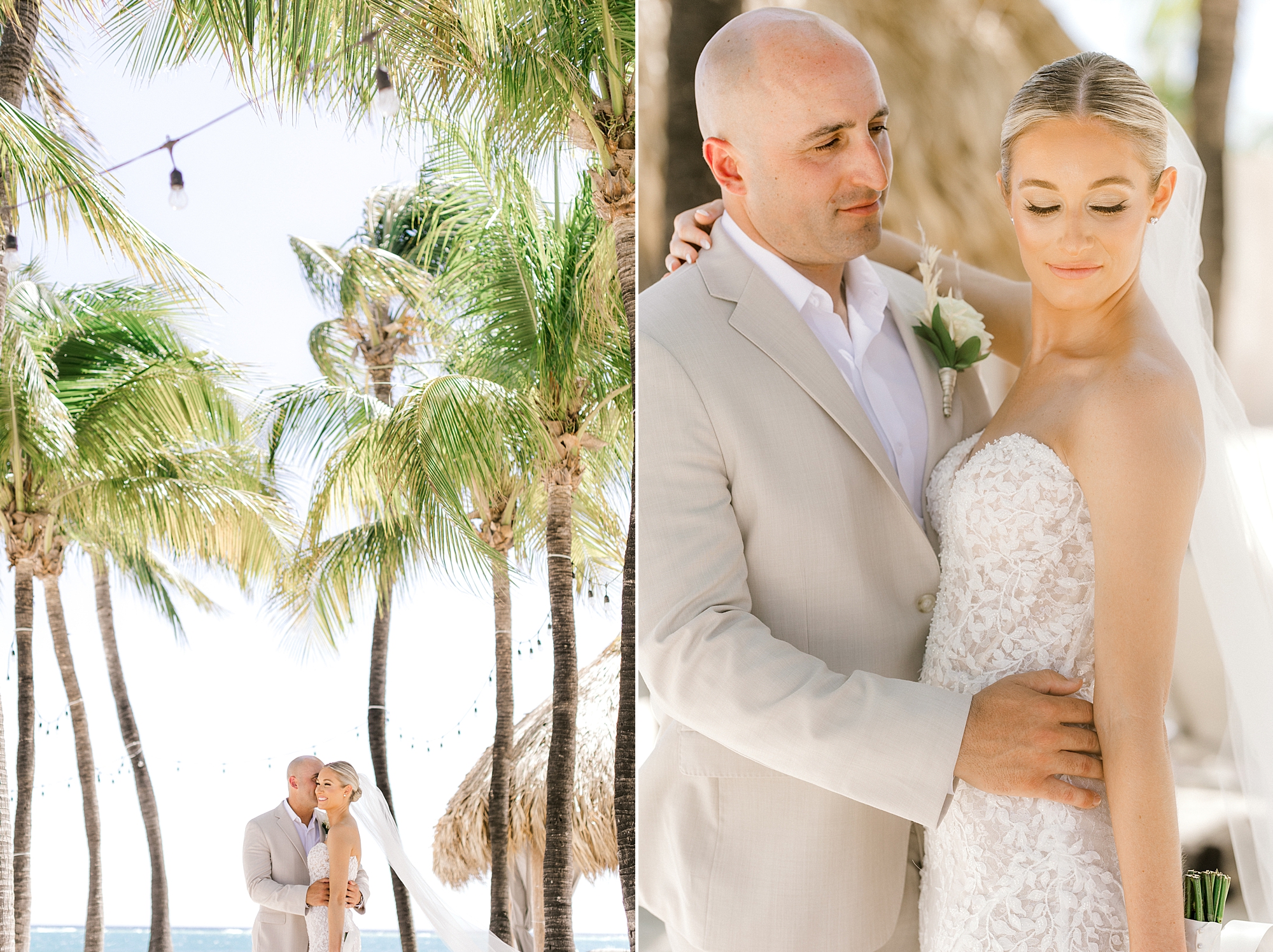 man in tan suit hugs bride around waist during Renaissance Aruba wedding day