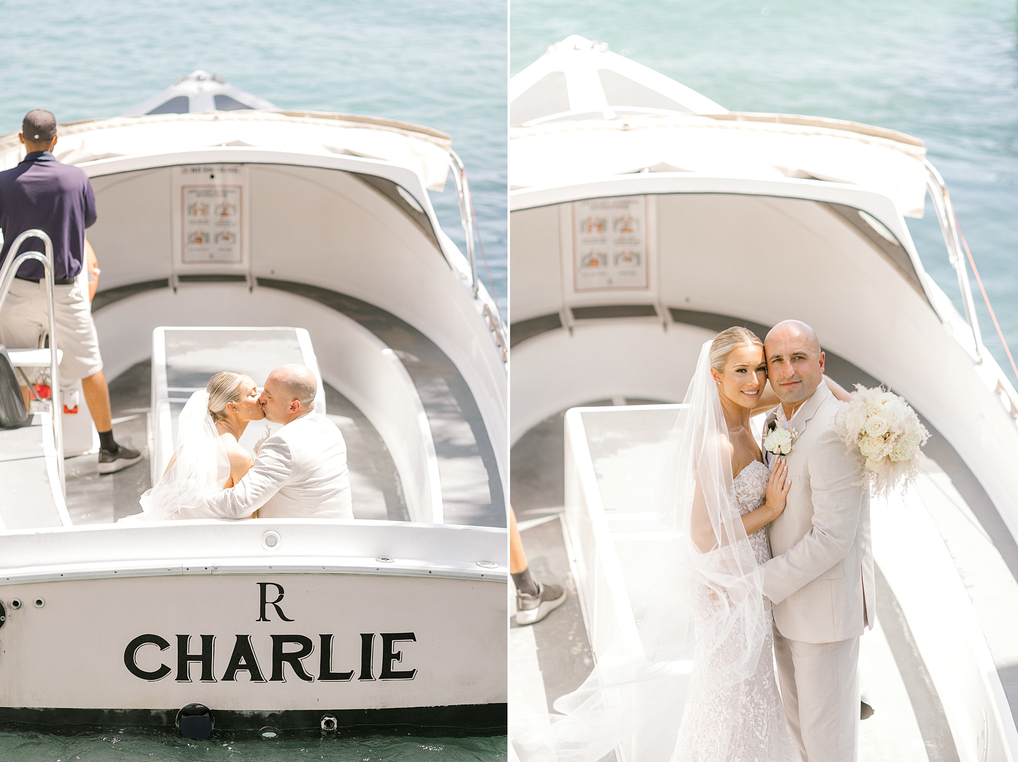 bride and groom hug on private boat during ride to Flamingo Island
