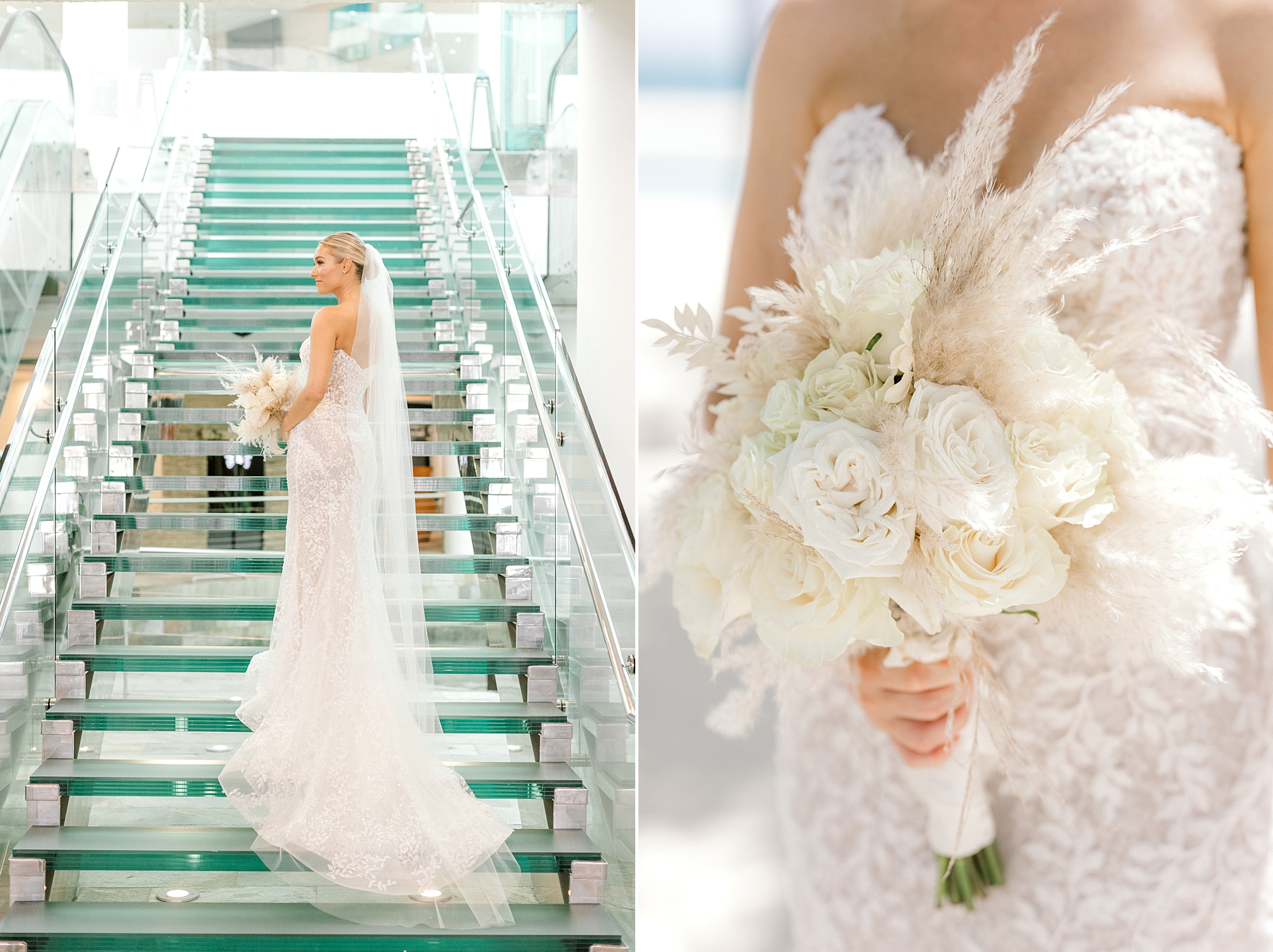 bride stands on glass staircase in the Renaissance Aruba hotel lobby with ivory and tan floral bouquet