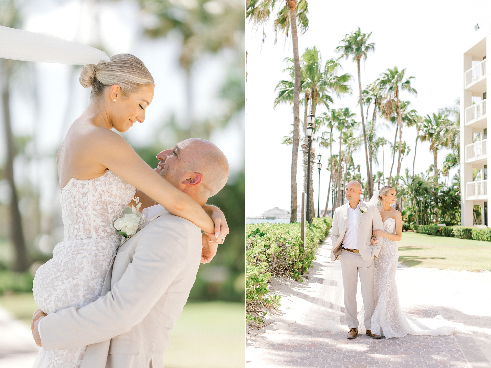 newlyweds hug between palm trees on path at the Renaissance Aruba hotel