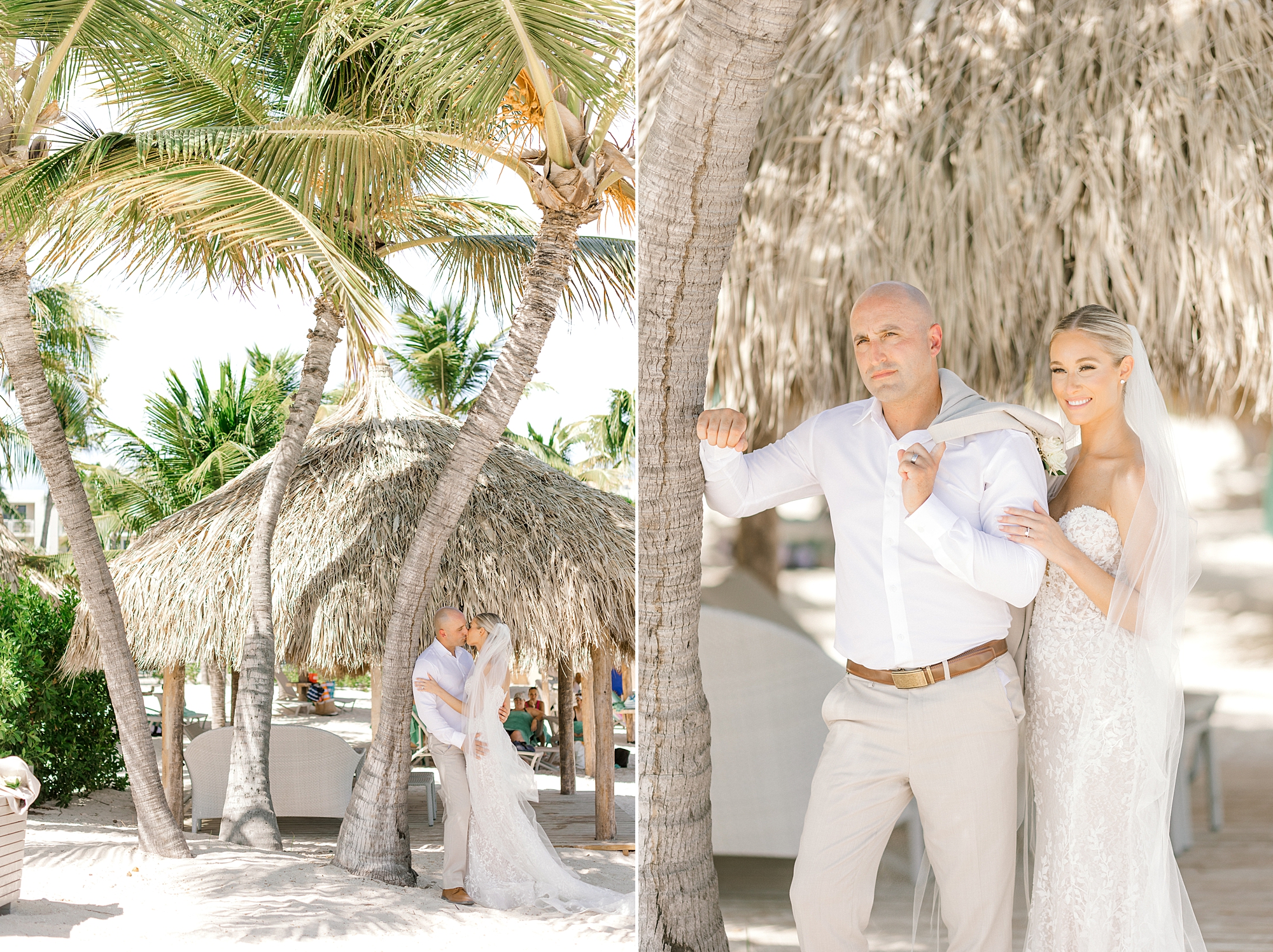 bride and groom stand near hut on beach at the Renaissance Aruba hotel