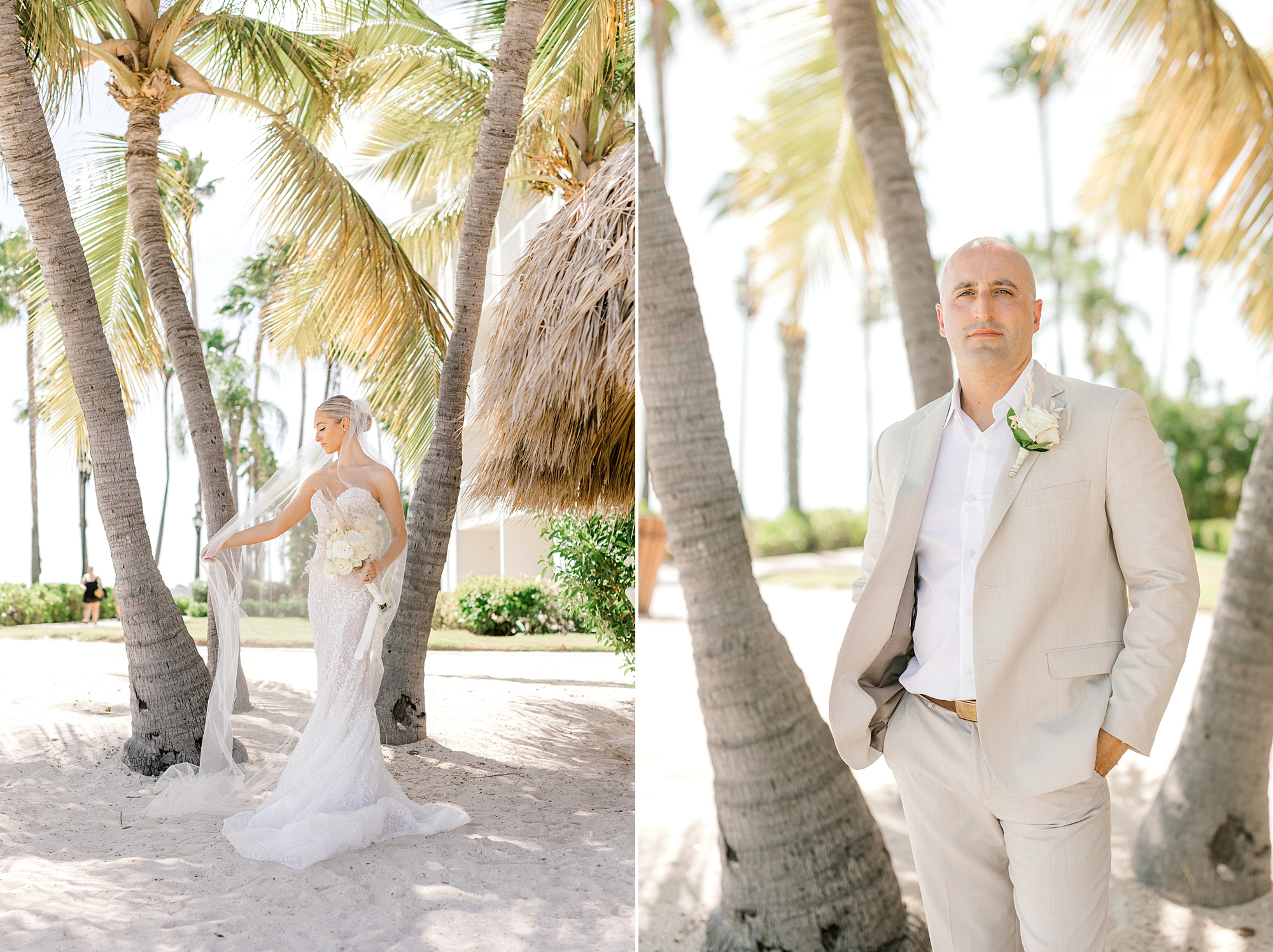 bride leans on trunk of palm tree on beach in Aruba