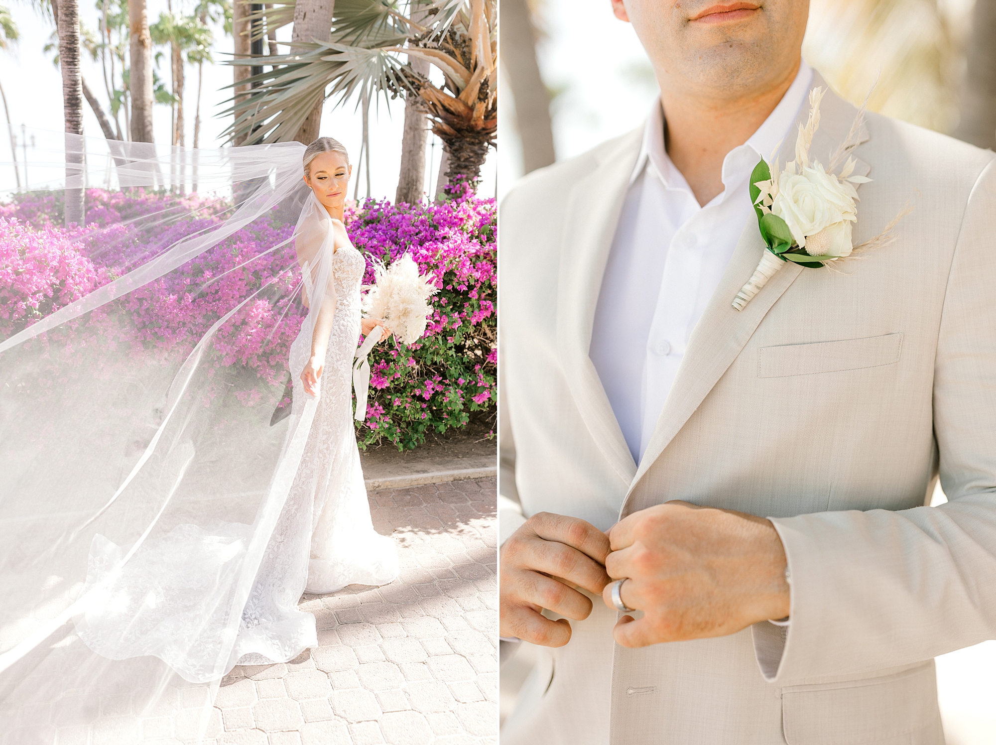 bride poses by purple flowers on Aruba beach while groom buttons up tan jacket