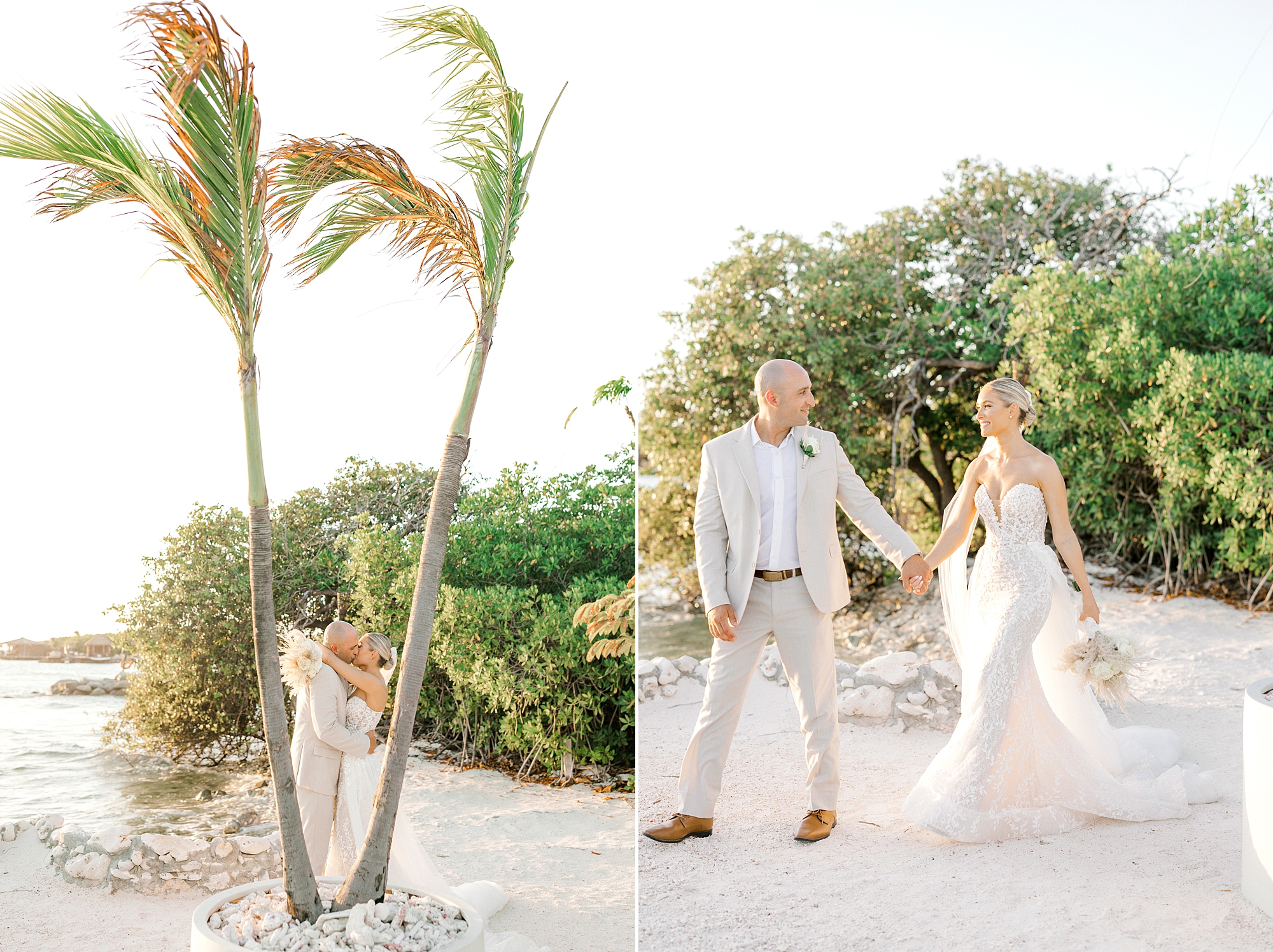 newlyweds hold hands walking on beach at the Renaissance Aruba