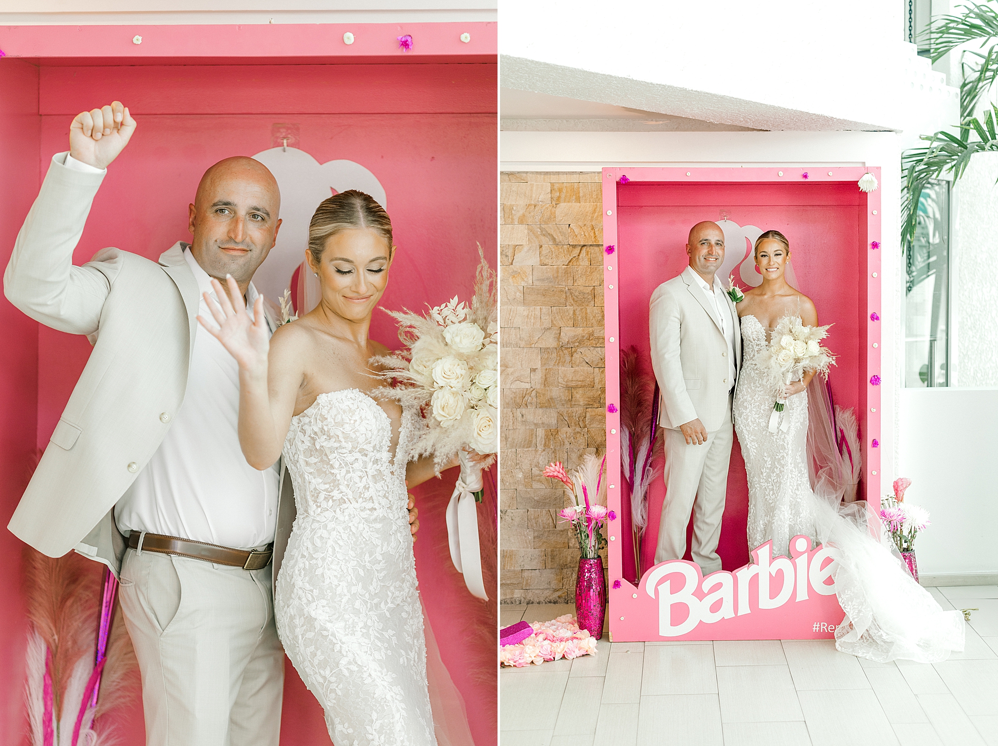 bride and groom hug in Barbie box in hotel lobby